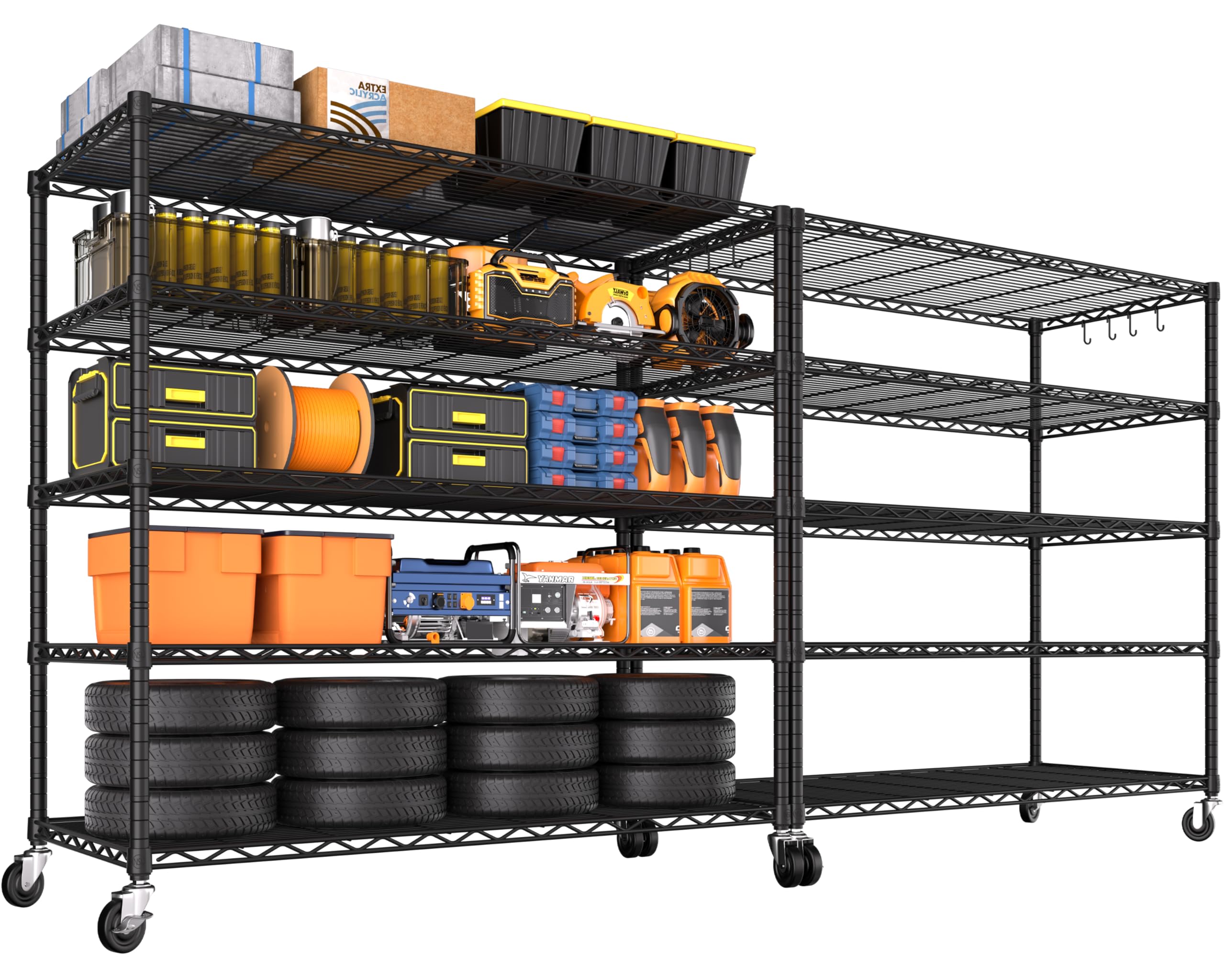 PrimeZone 2 Packs 48" W x 24" D x 81" H Heavy Duty Wire Storage Shelves with Wheels, 5 Tier Adjustable NSF Certified Garage Shelving Unit, Rolling