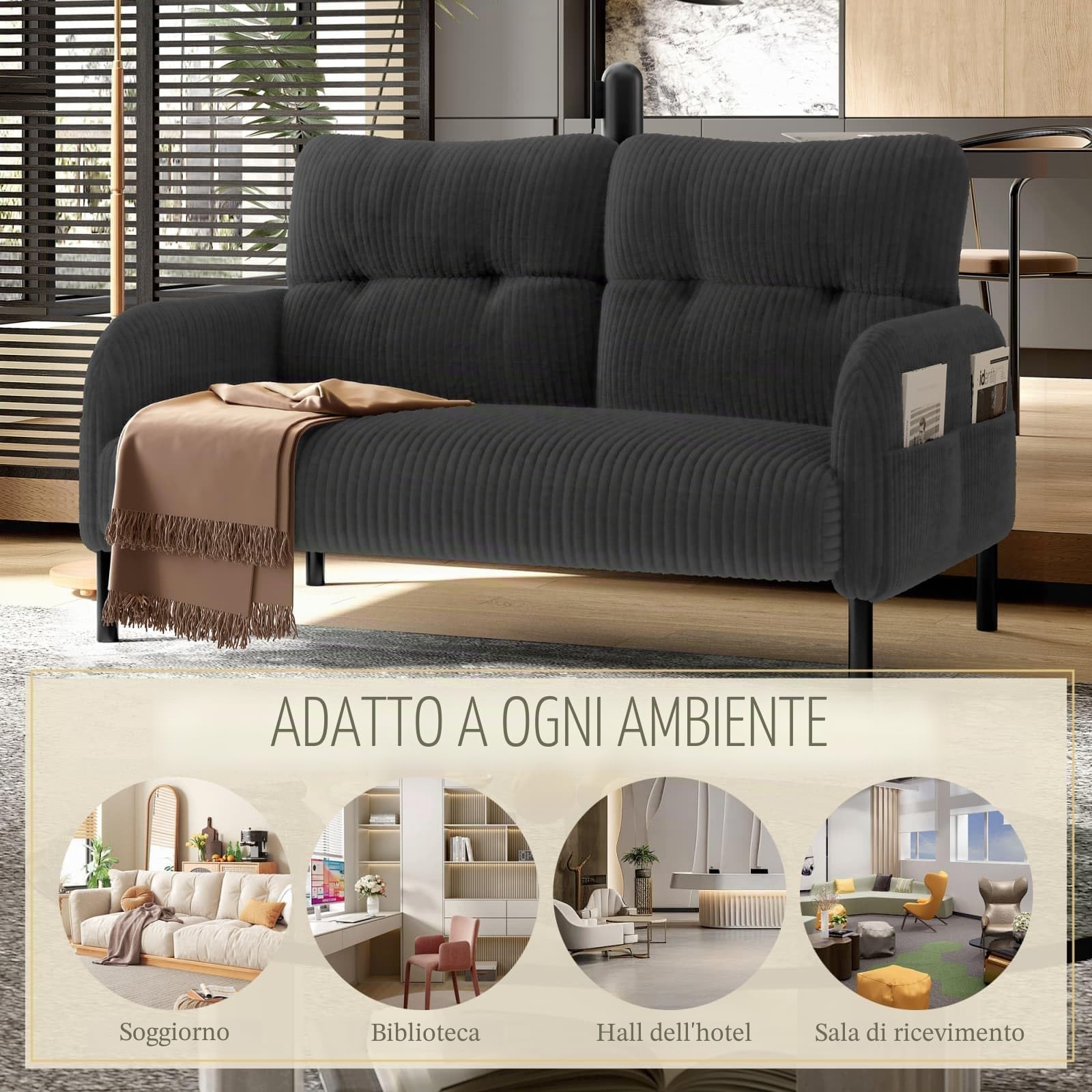 KOMHTOM Piccolo divano a 2 posti in velluto a coste con schienale alto comodo, 4 tasche e gambe in metallo, moderno divano angolare per soggiorno, camera da letto e ufficio (grigio - 2 posti)