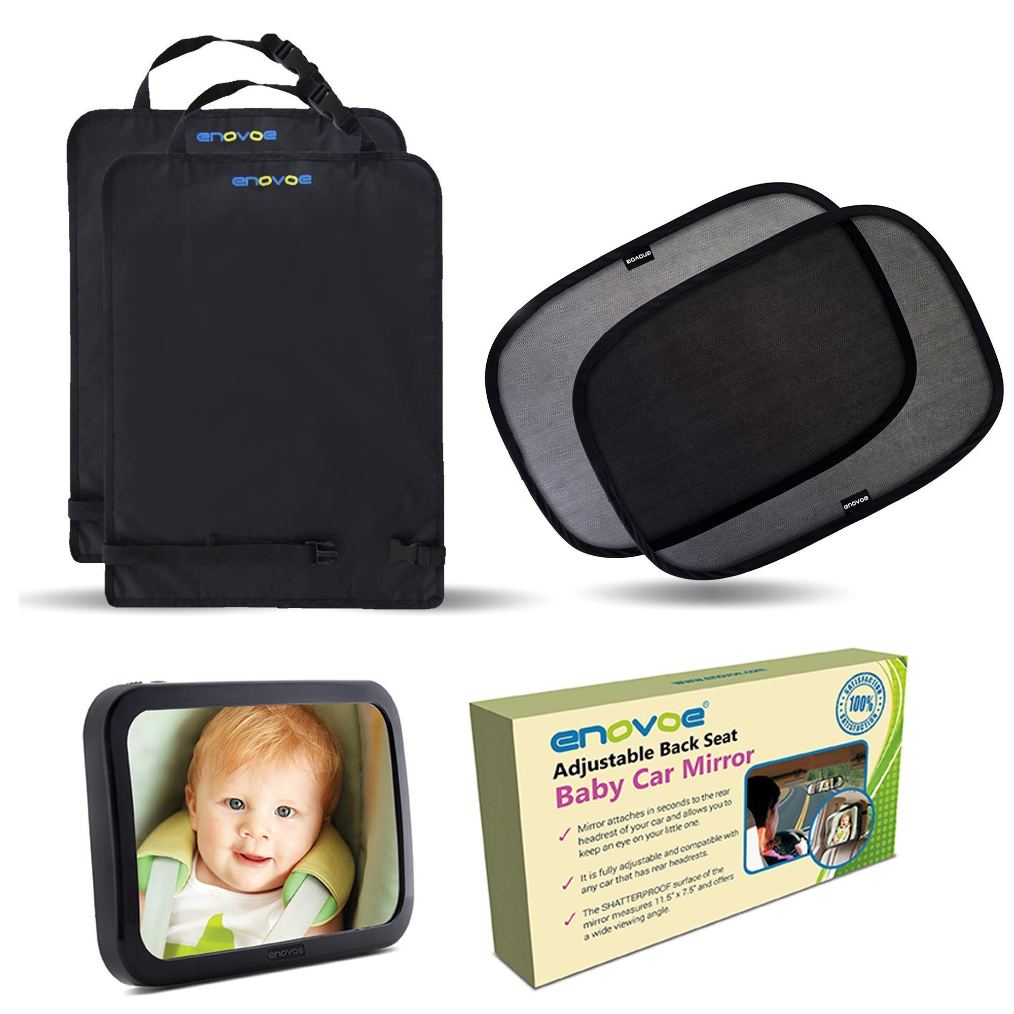 EnovoeBaby Car Bundle, Car Window Shade 21" x 14" (4 Pack) with Baby Car Mirror and Kick Mats (2 Pack) - Shields Little Ones from The Sun and Keeps Car Looking Fresh
