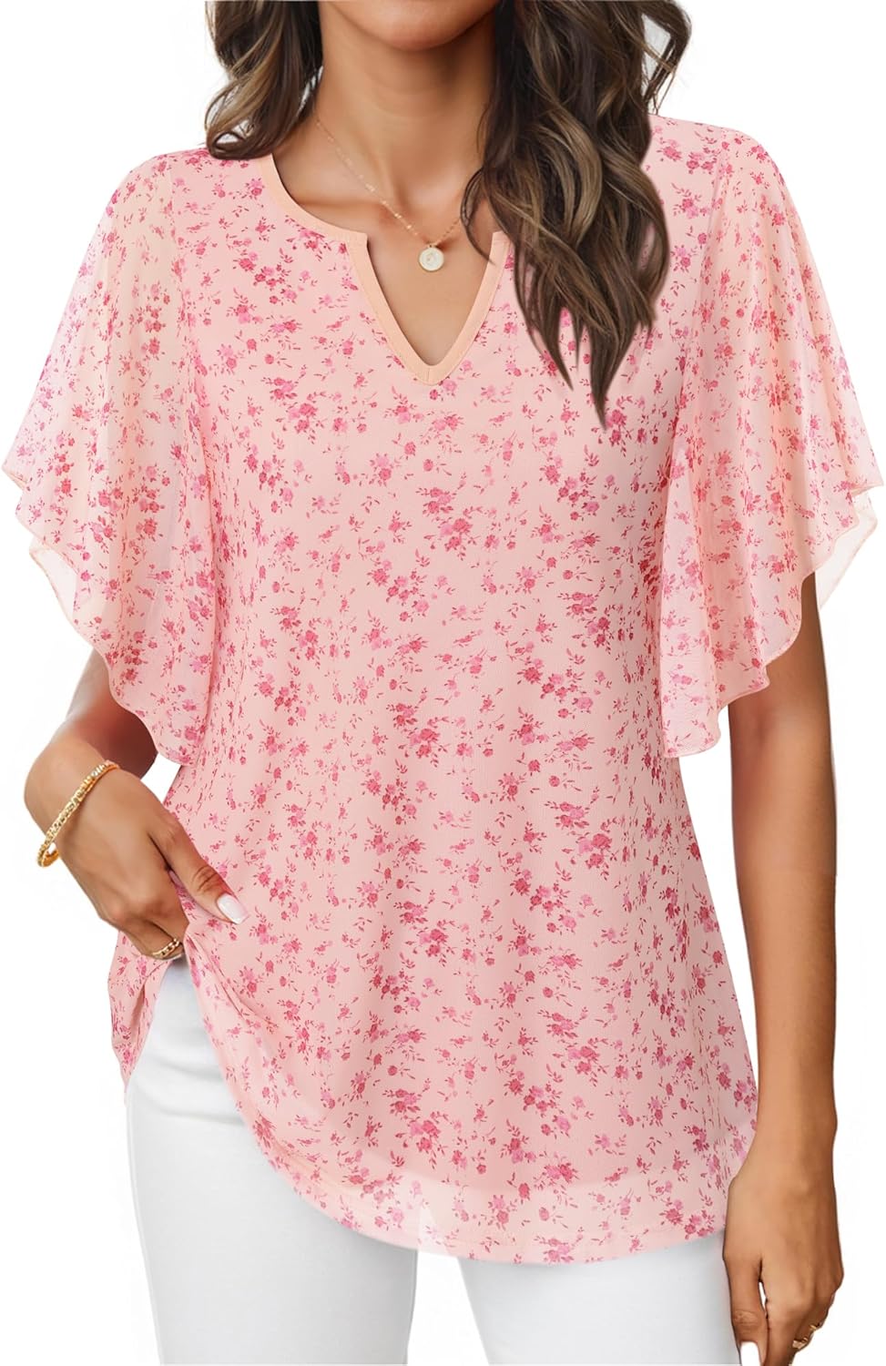 Furnex Women's Short Sleeve Tops Dressy Casual V Neck Double Layers Blouses Floral Mesh Tunics Tops - Image 4