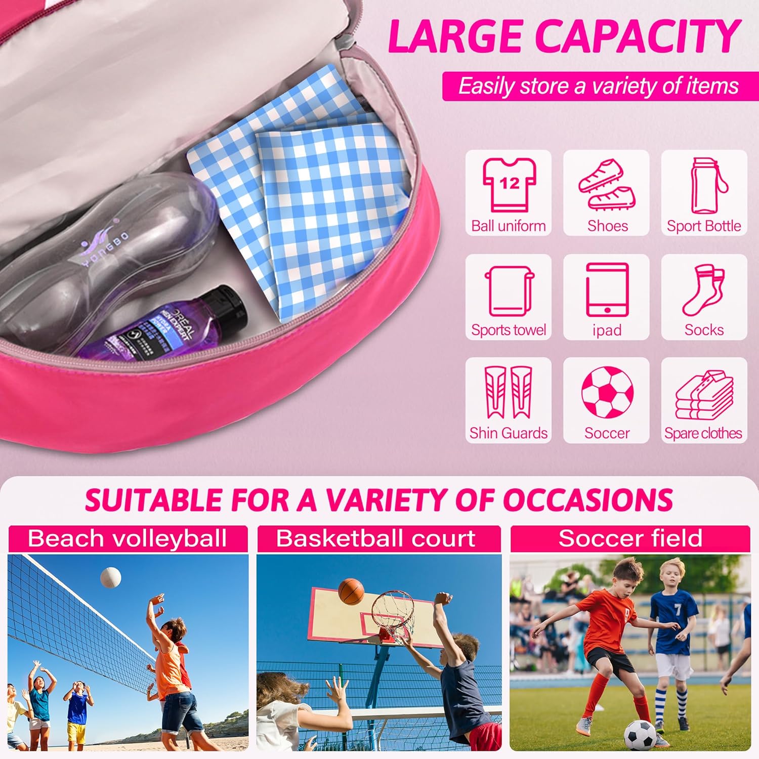 Soccer Bag, Youth Soccer Basketball Bag with Compartments Drawstring Backpack for Football Volleyball Gym Training - Image 5