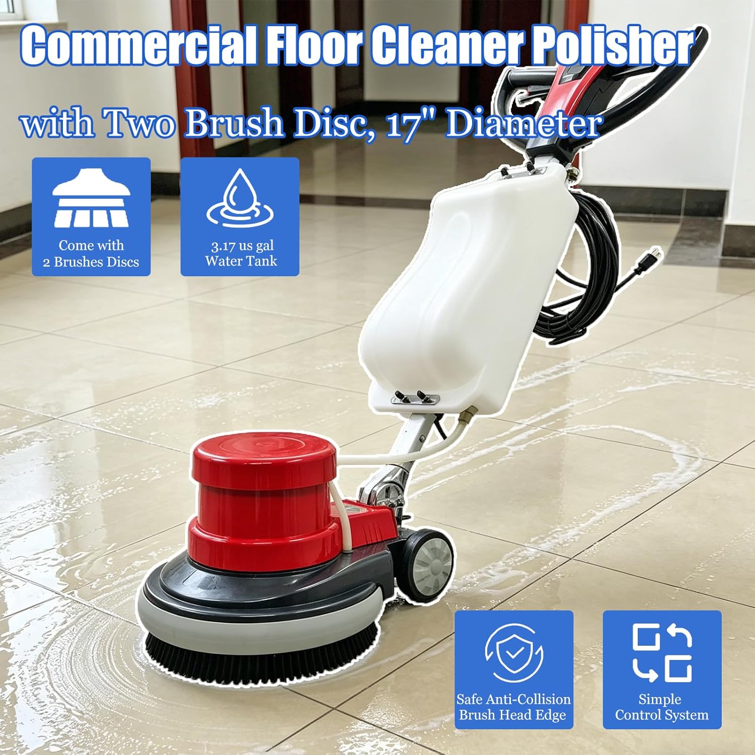 17" Floor Cleaner Polisher Commercial Floor Scrubber Buffer Commercial Floor Polishing Cleaning Machine Industrial Ground Scrubber Buffer with Two Brush Discs, 17"(43.2cm) Diameter, AC110V