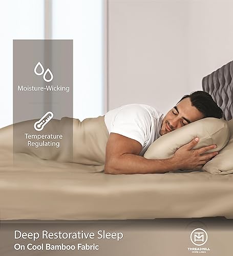 Miniatura 6 de Threadmill Juego de sábanas de rayón de bambú tamaño Queen, sábanas de rayón y bambú para cama de tamaño Queen, 4 piezas, color beige, suave como la