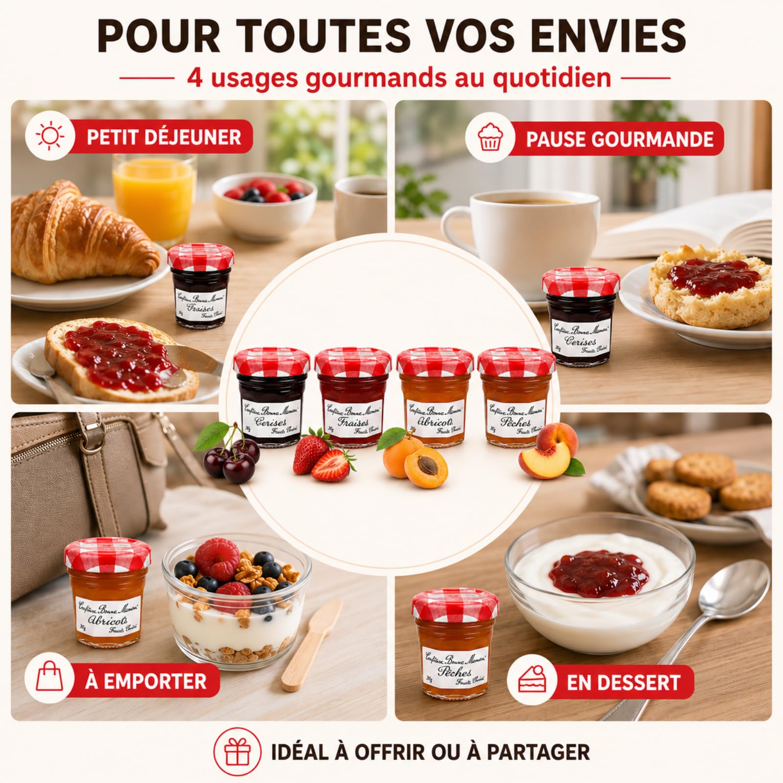 BONNE MAMAN - 60 Confitures Fraise/Abricot/Pêche/Cerise - 30 g