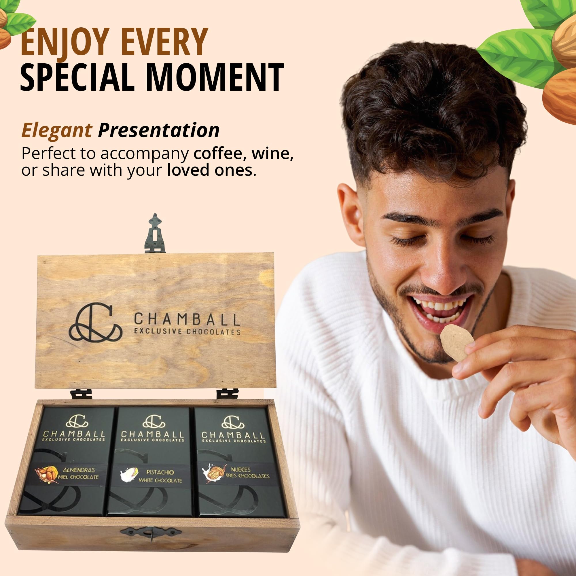 Chocolates Gourmet en Caja de Madera con Almendras, Pistachos y Nueces, Tres Chocolates | Caja Chocolate para Regalar, Chocolate Regalo, perfecto para San Valentín, Cumpleaños y Regalos Originales
