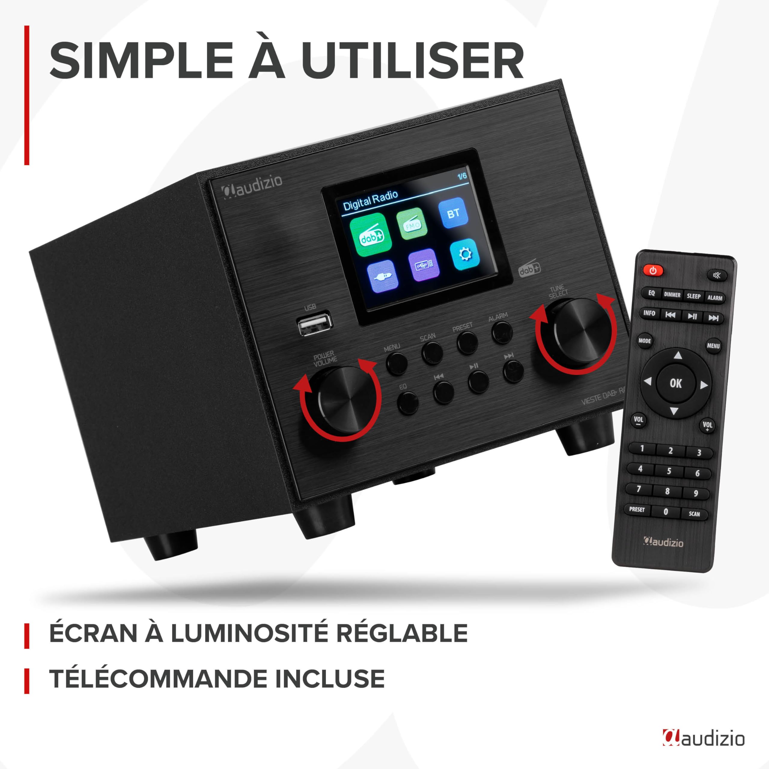 Audizio Vieste Radio Dab+ FM Bluetooth 5.0 - Noire, Subwoofer Intégré, Écran Couleur 2,8", Port USB, Sortie Casque, Télécommande Incluse, Idéale pour Écouter la Radio à la Maison