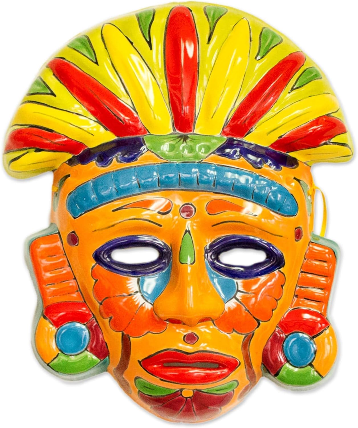 NOVICA Artisan Handcrafted Ceramic Mask Talaverastyle Aztec in Mexico Multicolor Masks Cultural Floral Folk Art Hacienda [12.5in H x 9.25in W x 1.9in D] ' Chicha Penacho'