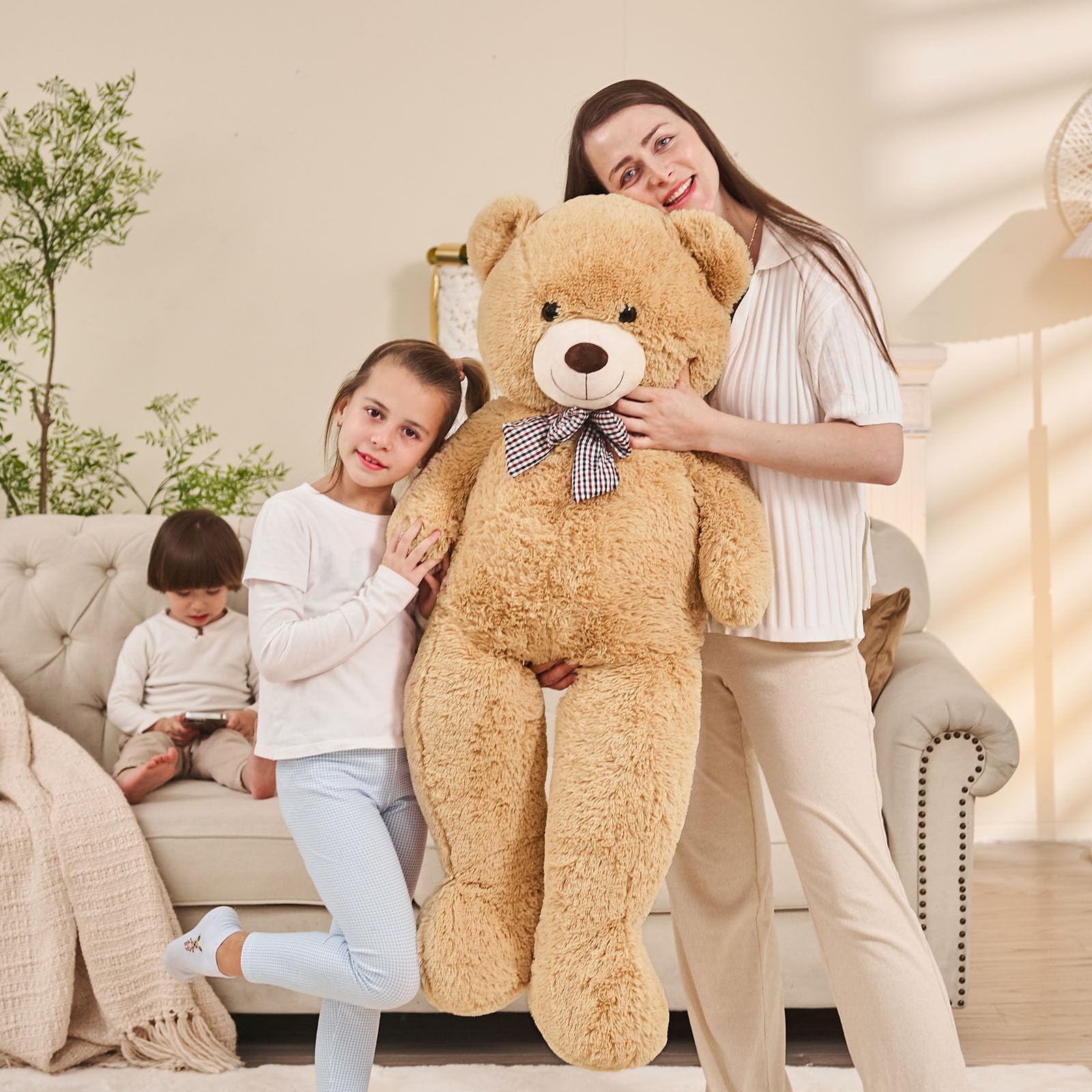 MorisMos Ours en Peluche Géant 120cm, Grand Nounours Doux avec Nœud Papillon, Peluche XXL Moelleuse à Câliner, Cadeau d’Anniversaire pour Enfants et Adultes Beige