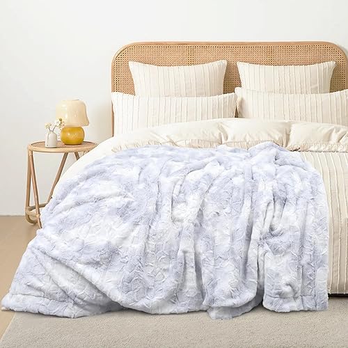 Miniatura 5 de Manta de piel sintética reversible, suave y esponjosa, manta de lujo para cama, sofá y sofá, 51 x 63 pulgadas, color beige