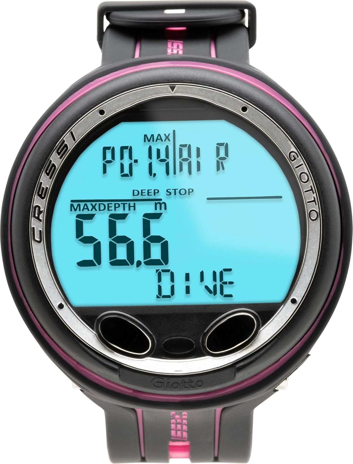 Close-up of the Cressi Giotto dive computer display showing 'MAXDEPTH 56.6 DIVE' and 'PO-1.4 BAR' with a deep stop indicator.