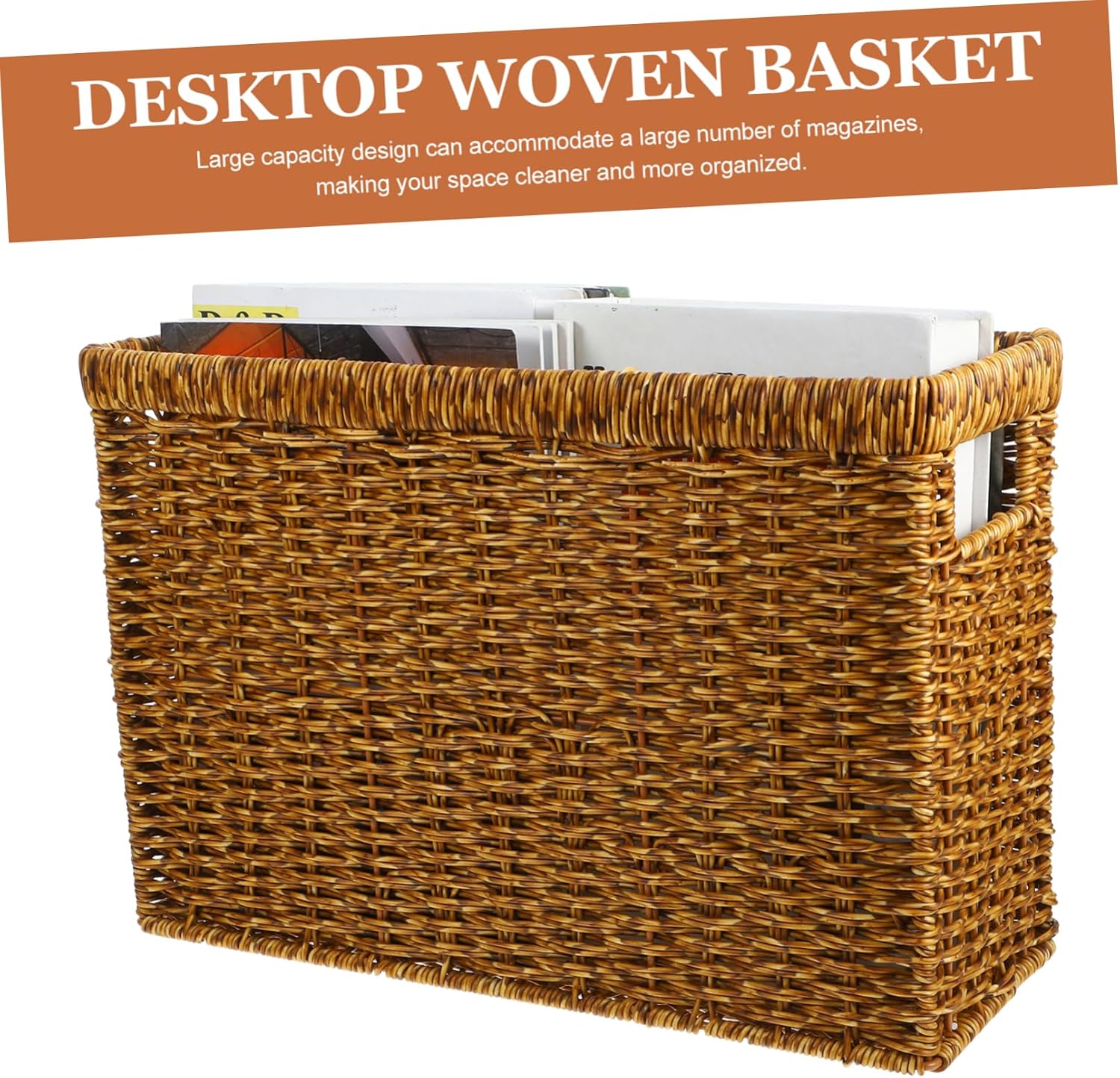 Woven Storage Basket with Handle Multi Functional Desktop Sundries Organizer for Nursery Bedroom Living Room Rustic Decorative Bin for Snacks Cosmetics Clothes Storage