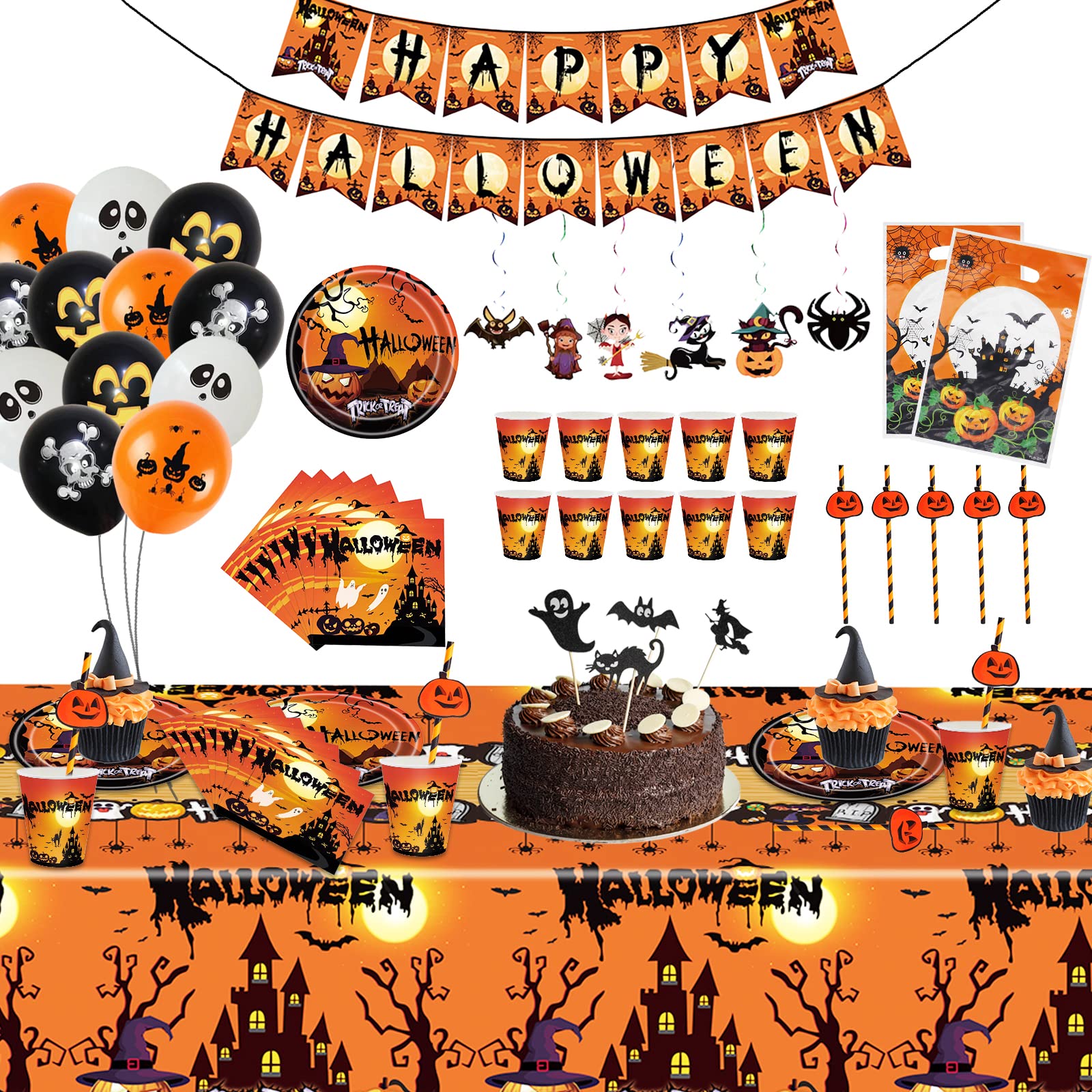 68 Pcs Halloween Party Tableware Kit, Horror Halloween Party Decorations Set with Tablecloth Plates Cups Straws Napkins Gift Bags Flag Party Supplies for Kids Birthday Party Halloween (10 Guests)