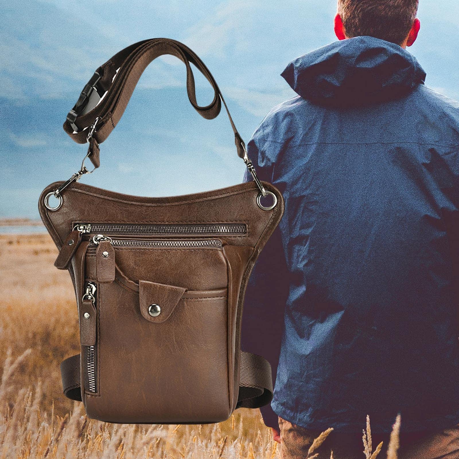 Riñonera Hombre Bolso Pierna Bolsillo Muslo Cintura Bolsa de Hombro Piel PU Compartimentos Ajustable Cremallera Adecuado para Viaje Deportes Motocicle