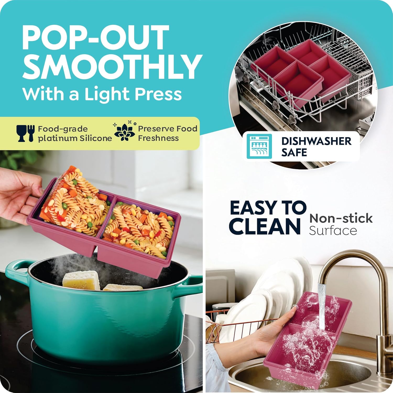 2 cup Silicone Freezer Trays with Lids, Silicone Soup Freezer Molds, Easily prepare portioned meals, Dishwasher,Oven Safe, Stackable, Ideal for Frozen Broth, Leftovers & Meal Prep, BPA Free 2 Pack - Image 5