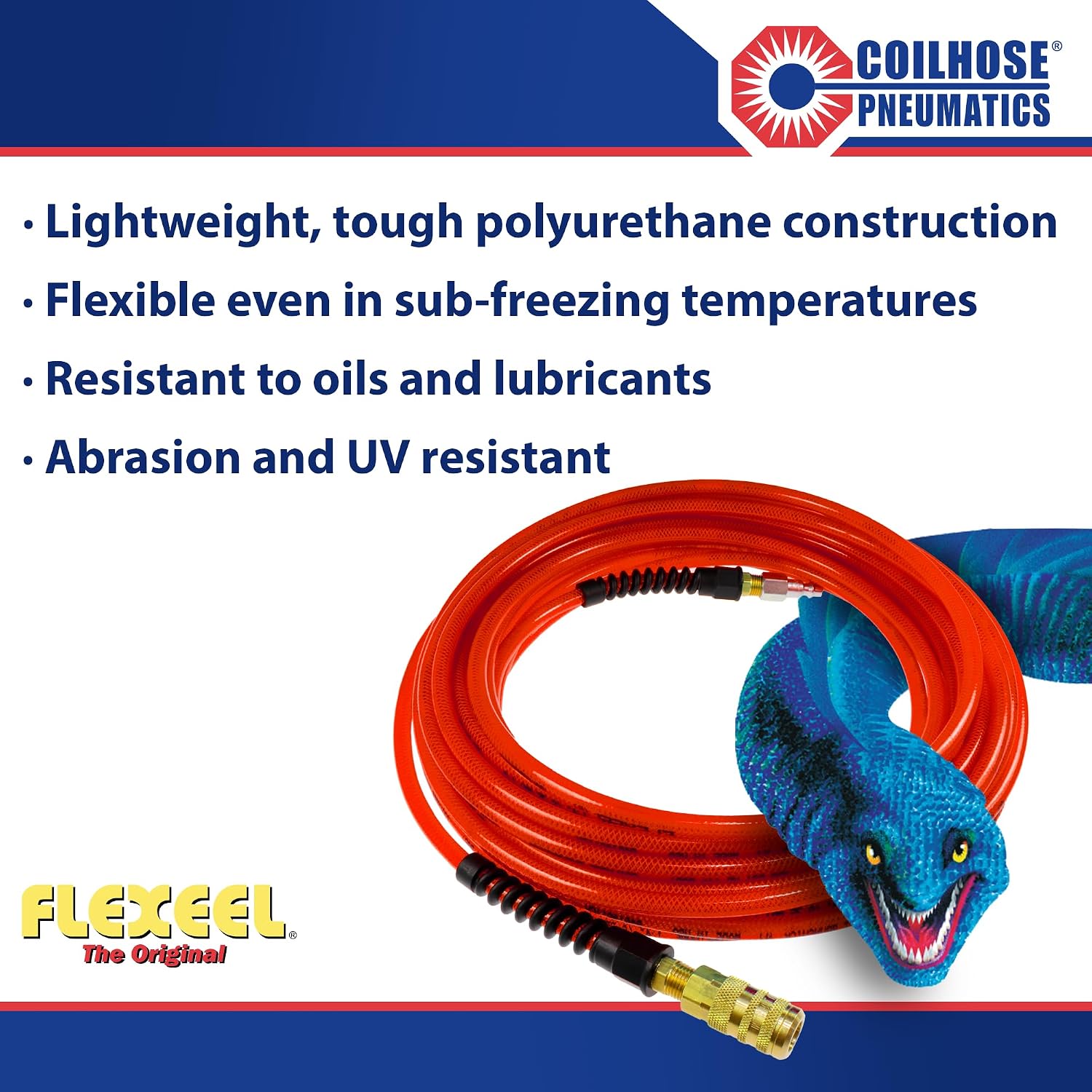 Coilhose Pneumatics PFE6100TRS15X Flexeel Reinforced Polyurethane Air Hose, 3/8" ID, 100' Length with 1/4" Industrial Coupler & Connector