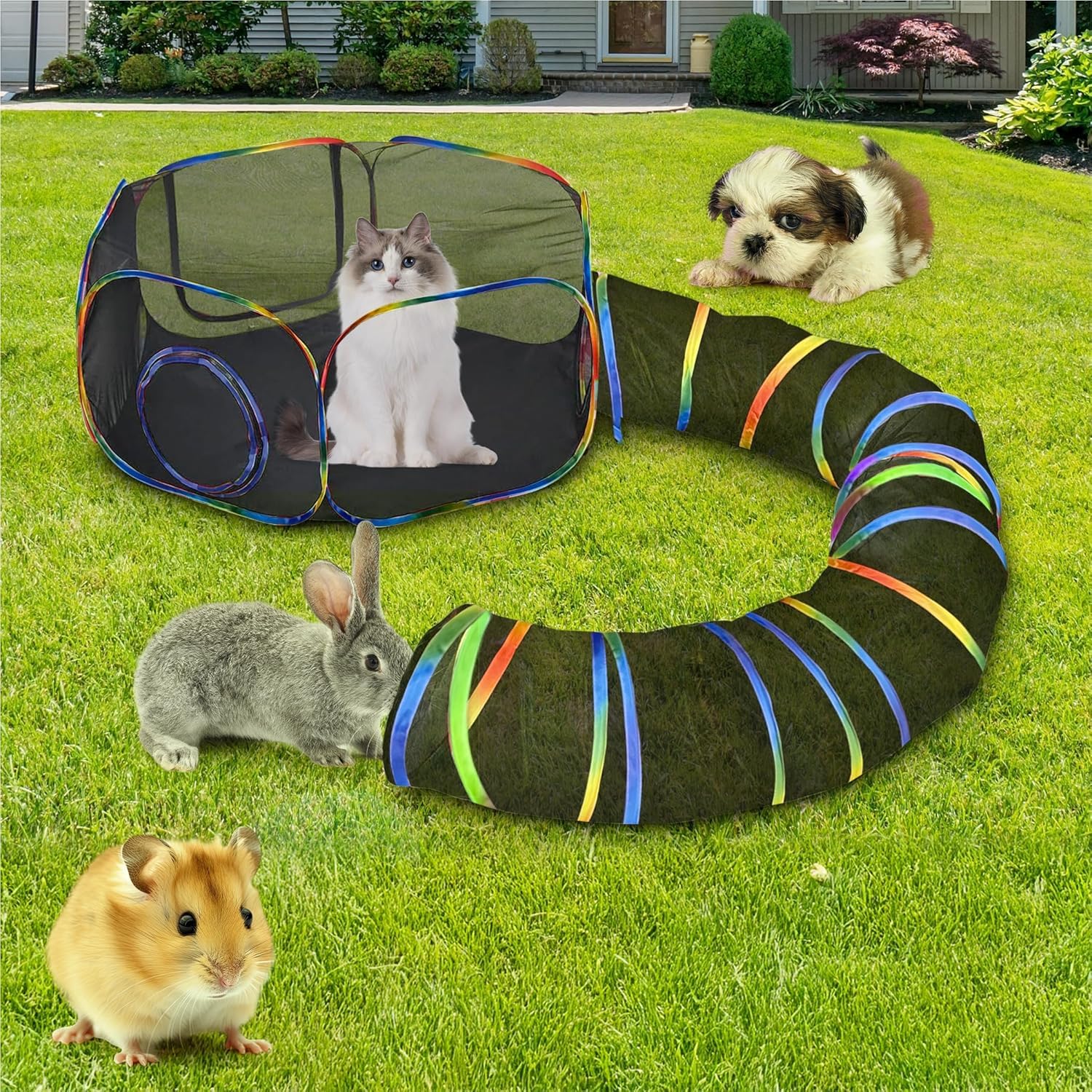 Grande Tunnel per Animali Domestici Pieghevole da Esterno - Tenda Portatile per Gatti, Conigli, Cuccioli con Recinzioni