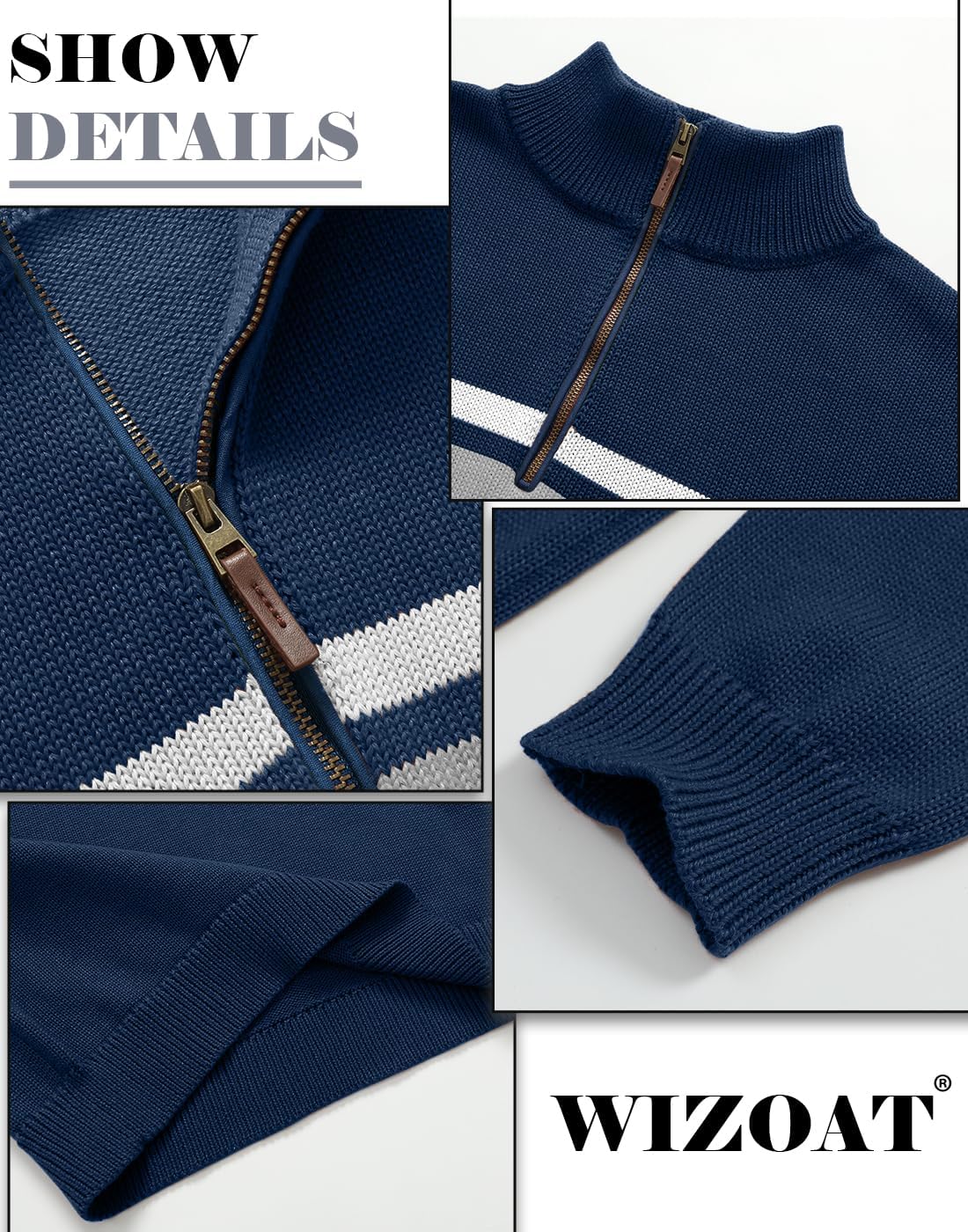 Mens Sweater Quarter Zip Sweater Casual Striped Long Sleeve Fall Winter Warm Polo Pullovers - Image 5