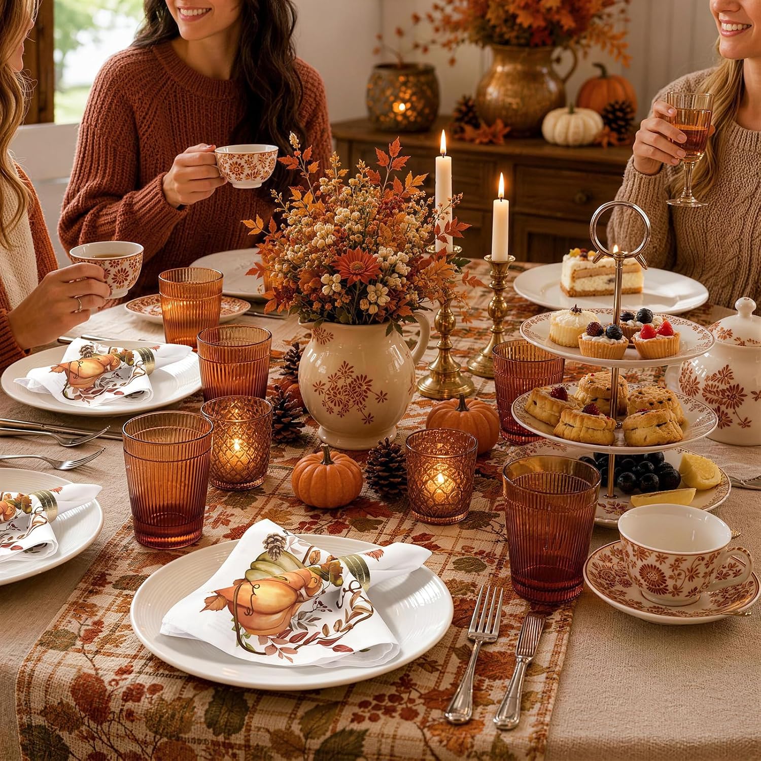 Fall Pumpkin Maple Leaf Cloth Napkins Set of 4, 100% Cotton