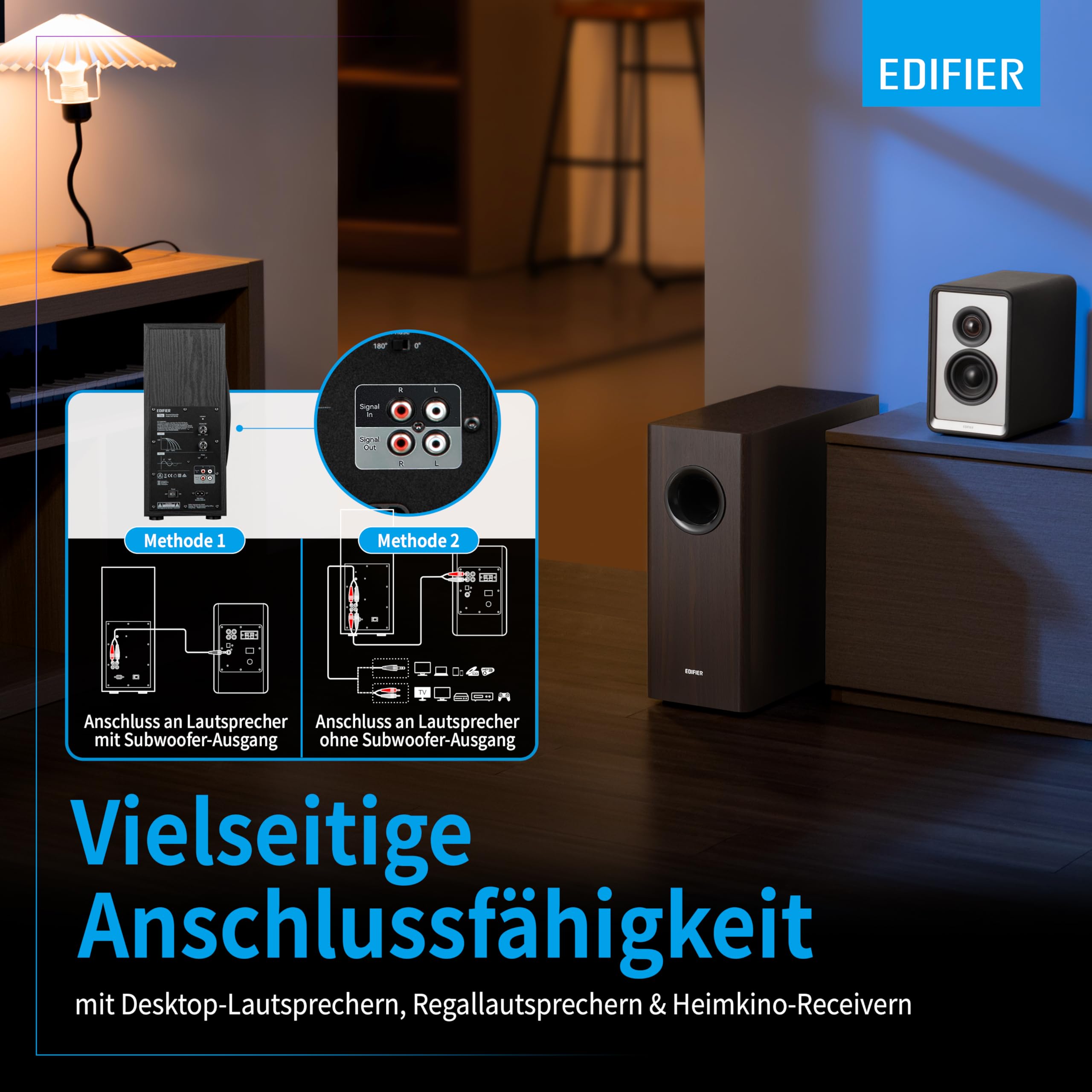 Edifier T5s AKTIV-SUBWOOFER – 8-Zoll-Tieftöner – 70 Watt – Low-Pass-Filter – Frequenz bis 35Hz – MDF-Gehäuse für reduzierte Resonanz – Standby – Cinch-Anschlüsse – Zeitloses Design