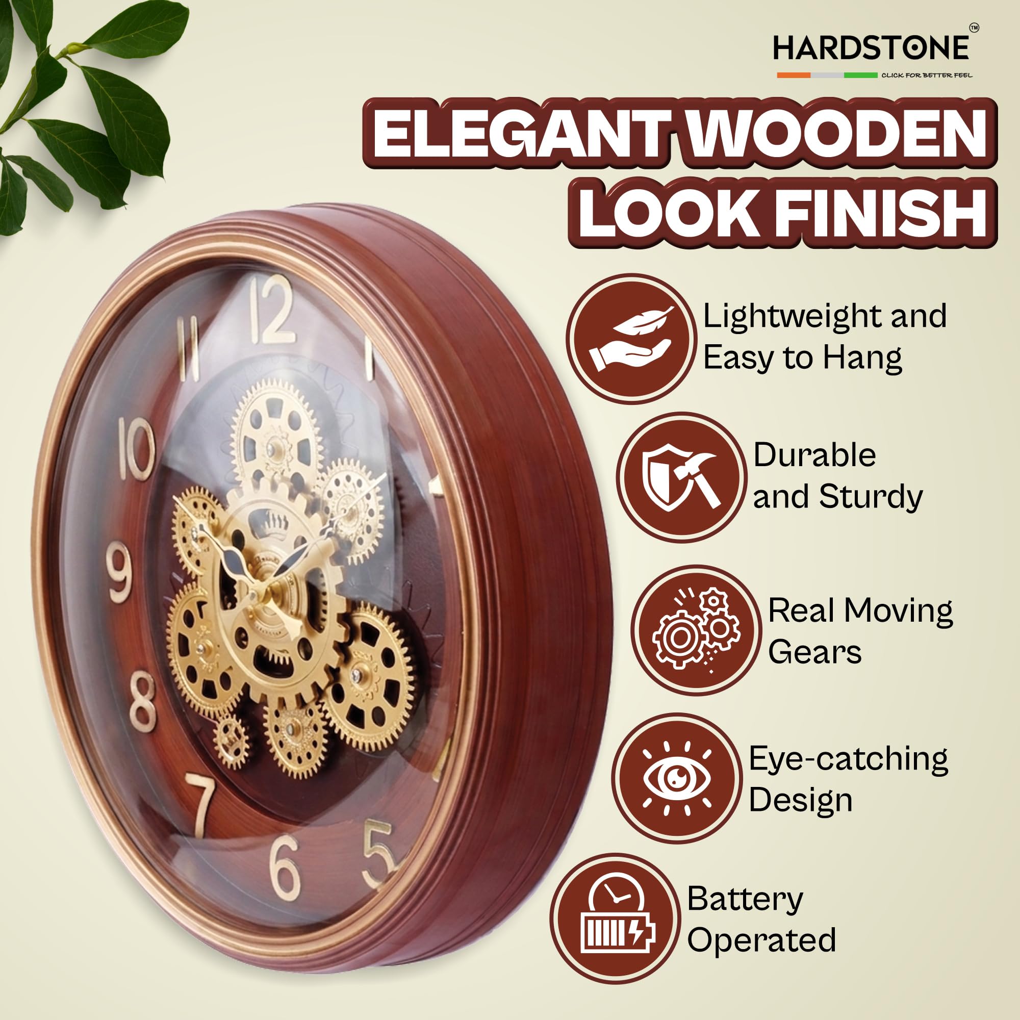 HARDSTONE 16-Inch Moving Gear Wall Clock with Real Rotating Gears, Elegant Wooden Look Finish, Brown, Vintage Decor for Living Room & Office, Battery Operated Large Display 3