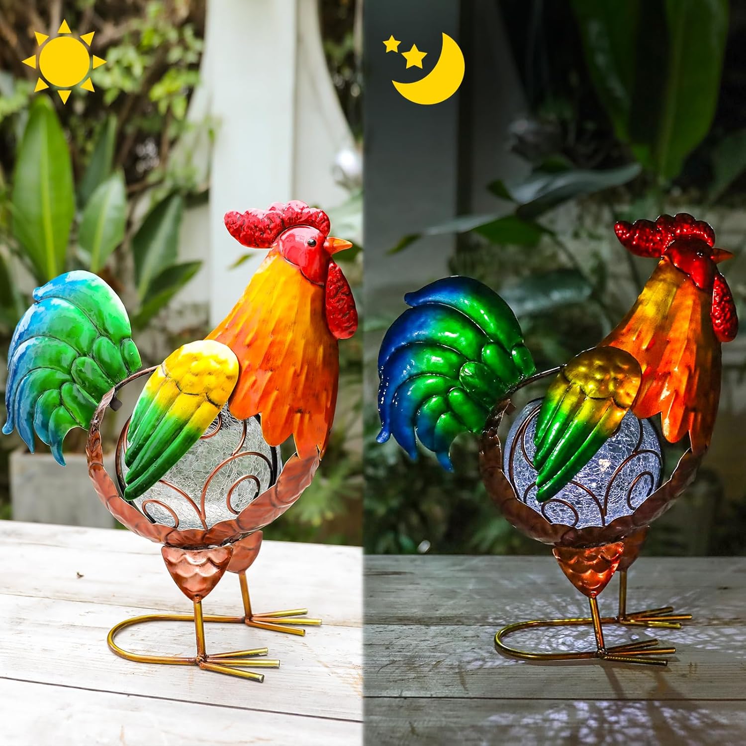 MUMTOP Rooster Solar Lights Outdoor Garden Decor, Rooster Solar Light Outdoor Waterproof with Crackle Glass Globe Gardening Statue Gifts and Metal Chicken Yard Art for Lawn Porch Patio Outside Garden