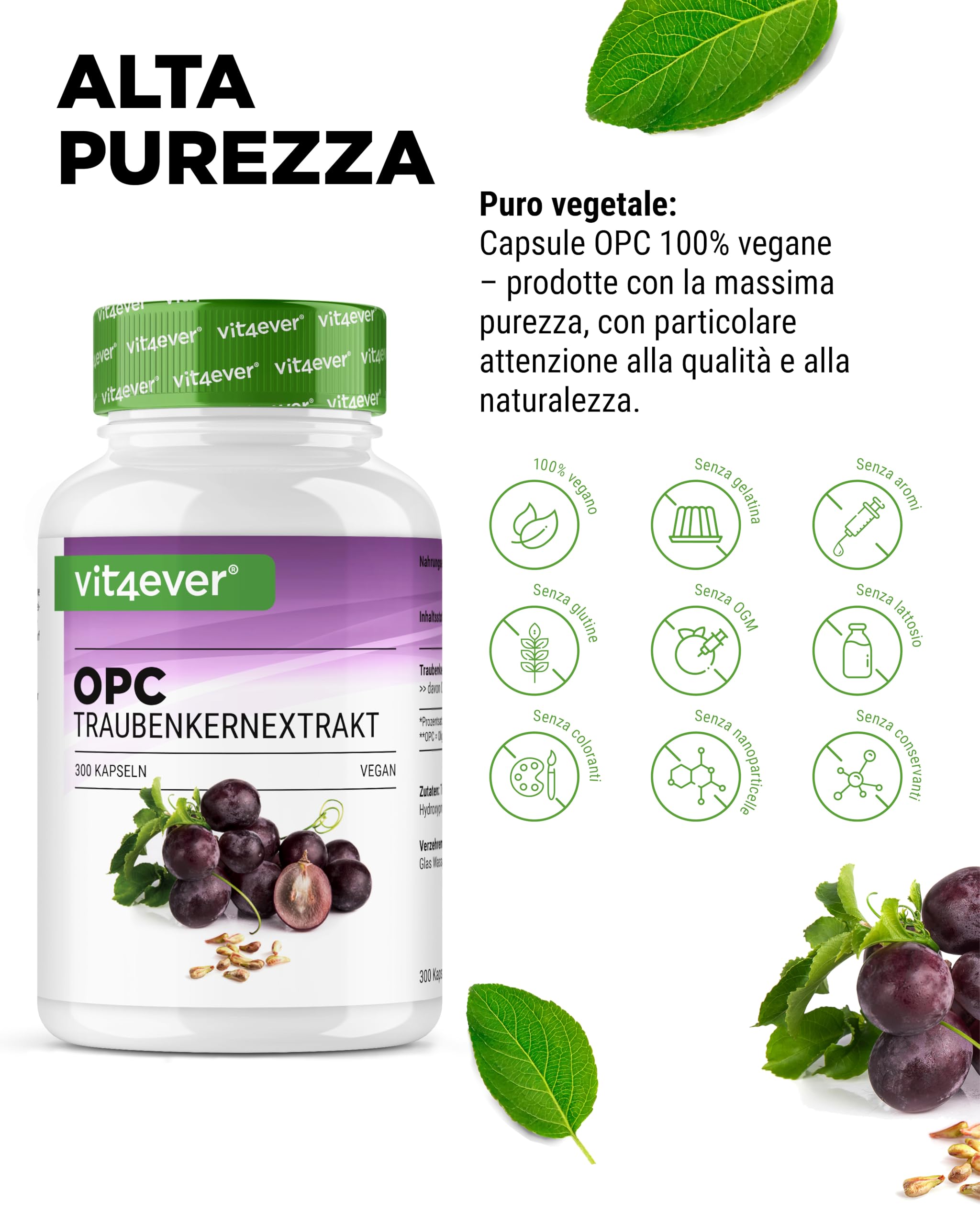 vit4ever OPC Estratto di semi d’uva - 300 capsule - 1000 mg di estratto con 700 mg di OPC - Massimo tenore secondo HPLC - Da uve europee - Vegano - Ad alto dosaggio