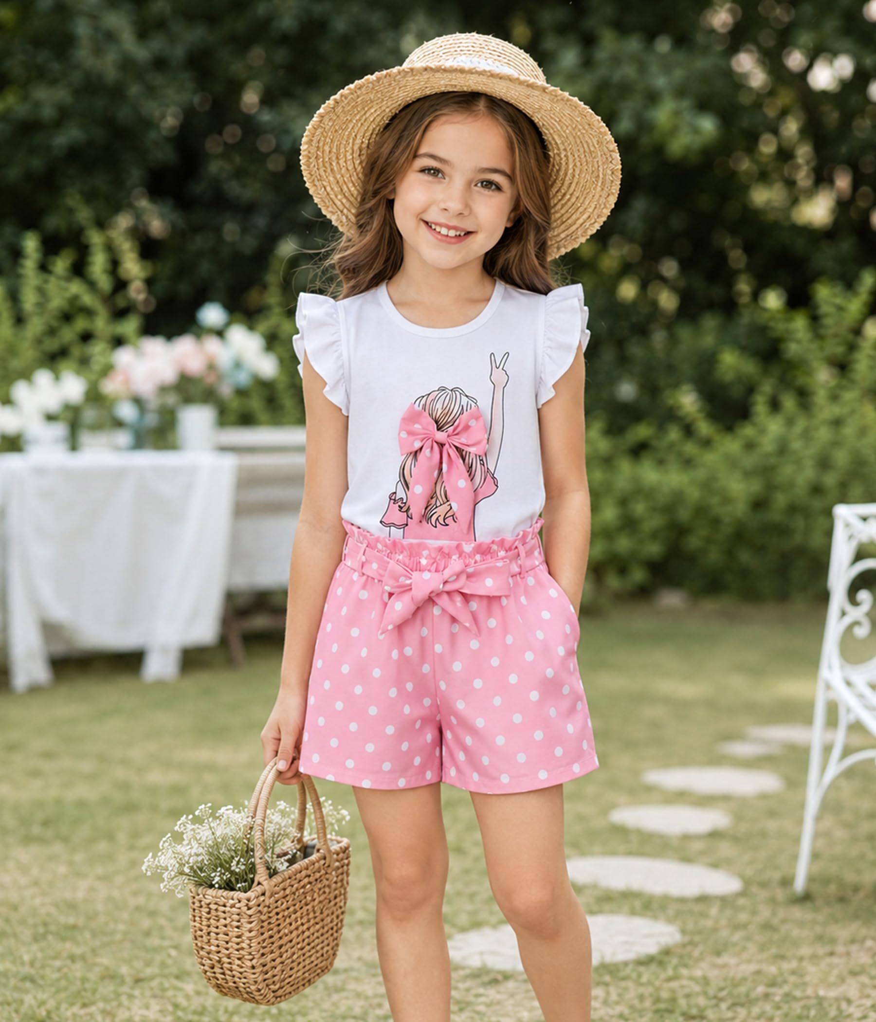 Conjuntos de verano para niñas, lindos conjuntos de pantalones cortos de cintura alta con bolsillos, ropa para adolescentes, talla 6-14 T