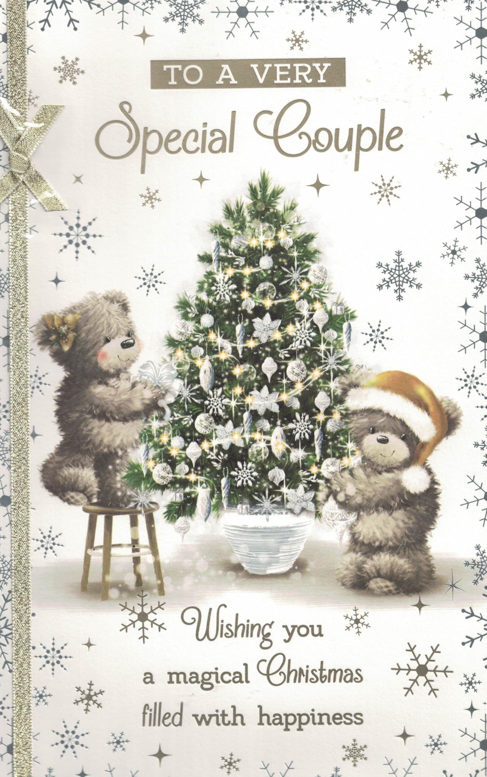 “Large Christmas Card for Special Couple, Cute Teddy Bear Design with 8-Page Insert, Luxury Glitter Embellished Festive Card