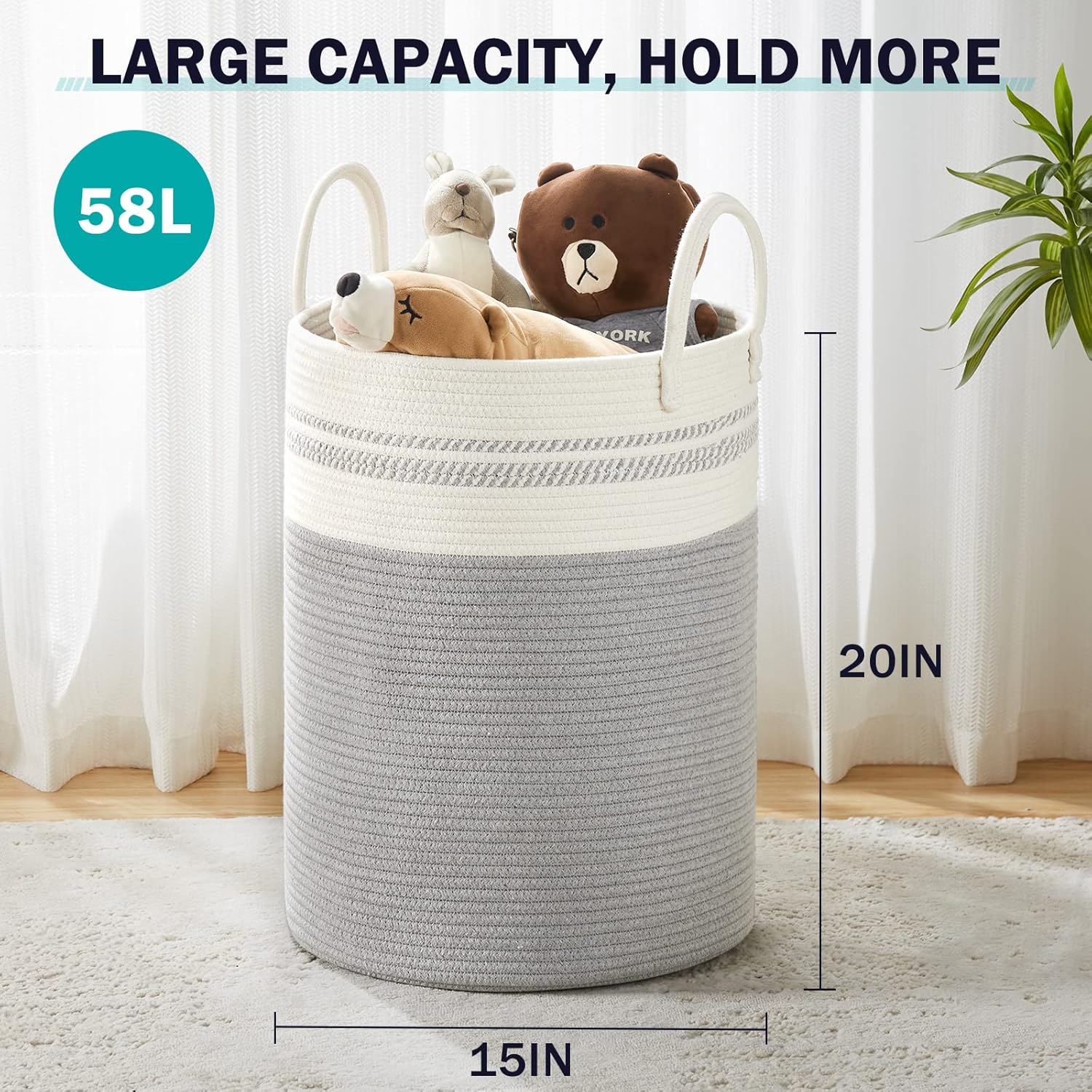 YOUDENOVA Woven Rope Laundry Hamper Basket, 58L Tall Luandry Basket, Baby Nursery Hamper for Blanket Storage, Clothes Hamper for Laundry in Bedroom-Grey - Image 3