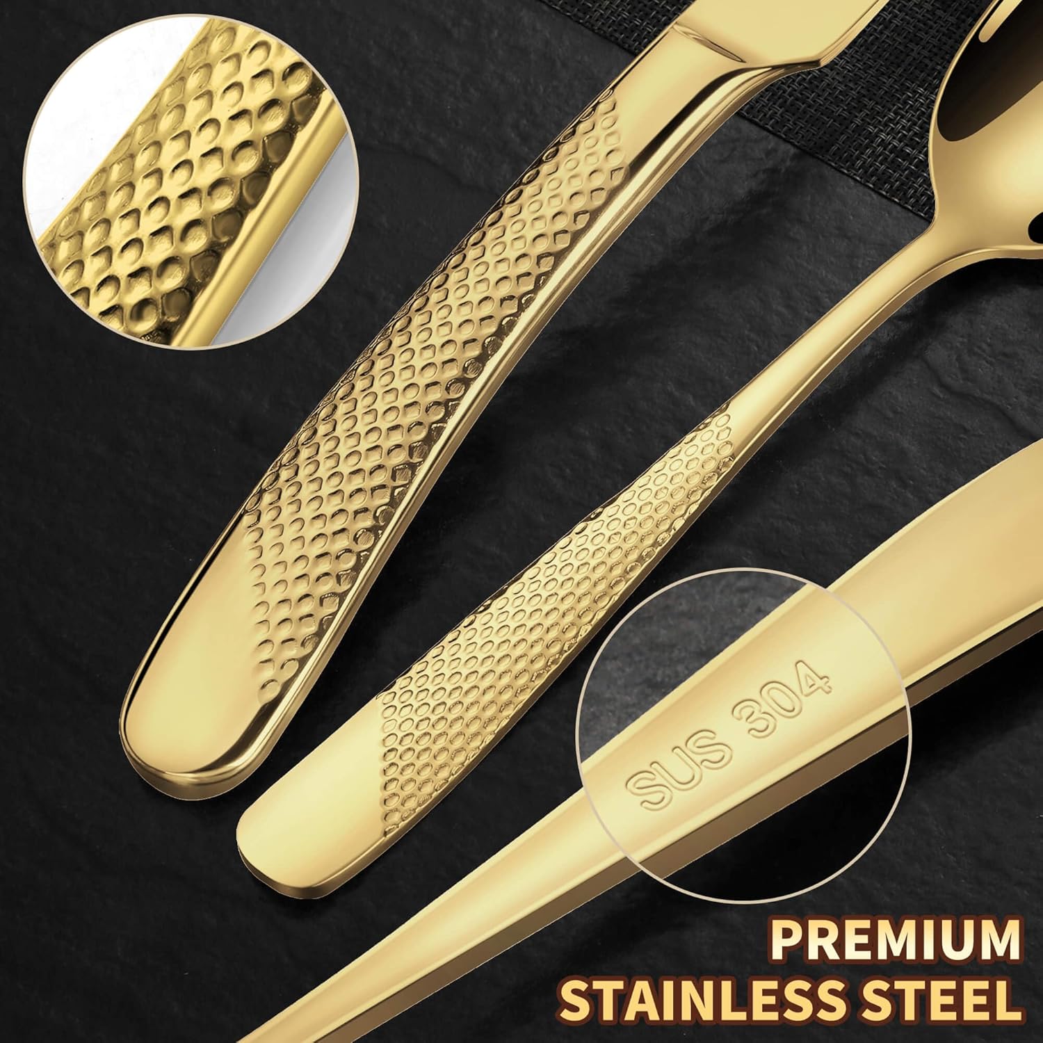Lemeya 20-Piece Hammered Gold Silverware Set for 4 with Serrated Forging Knives,18/10 Stainless Steel Modern Flatware Set,Unique Cutlery Set Spoons and Forks Set,Mirror Polished,Dishwasher Safe