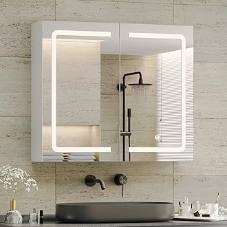 DICTAC Bathroom Medicine Cabinet with Mirrors and Led Lights 27.6x23.62 inch Double Doors Wall Mounted Mirror Cabinet with Storage Organizer Lighted Medicine Cabinets with Adjustable Shelves,White