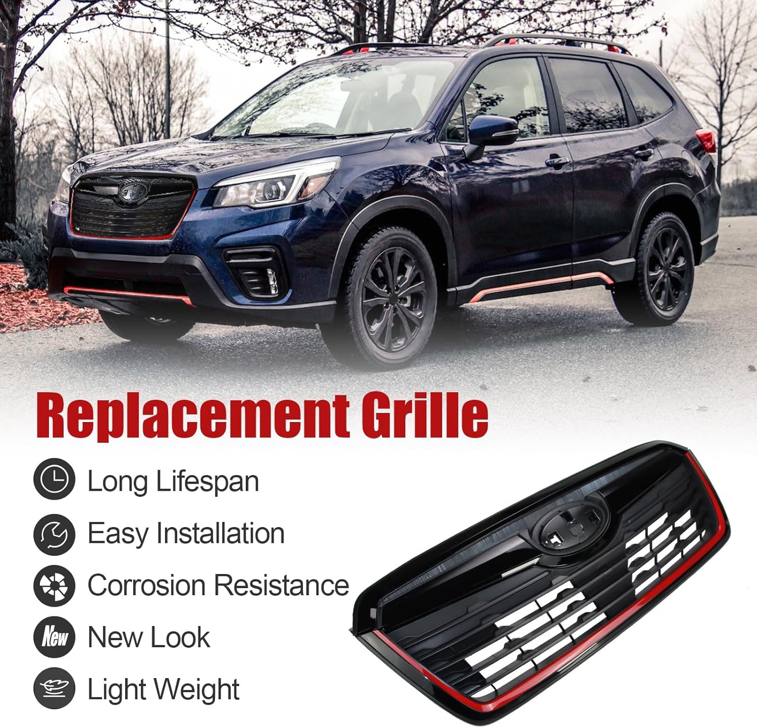 Auto Front Grille, Car Front Grill, Compatible with 2019-2021 Forester With Camera Hole Gloss Black and Red Line,OE Number: 91121SJ040,91121SJ140