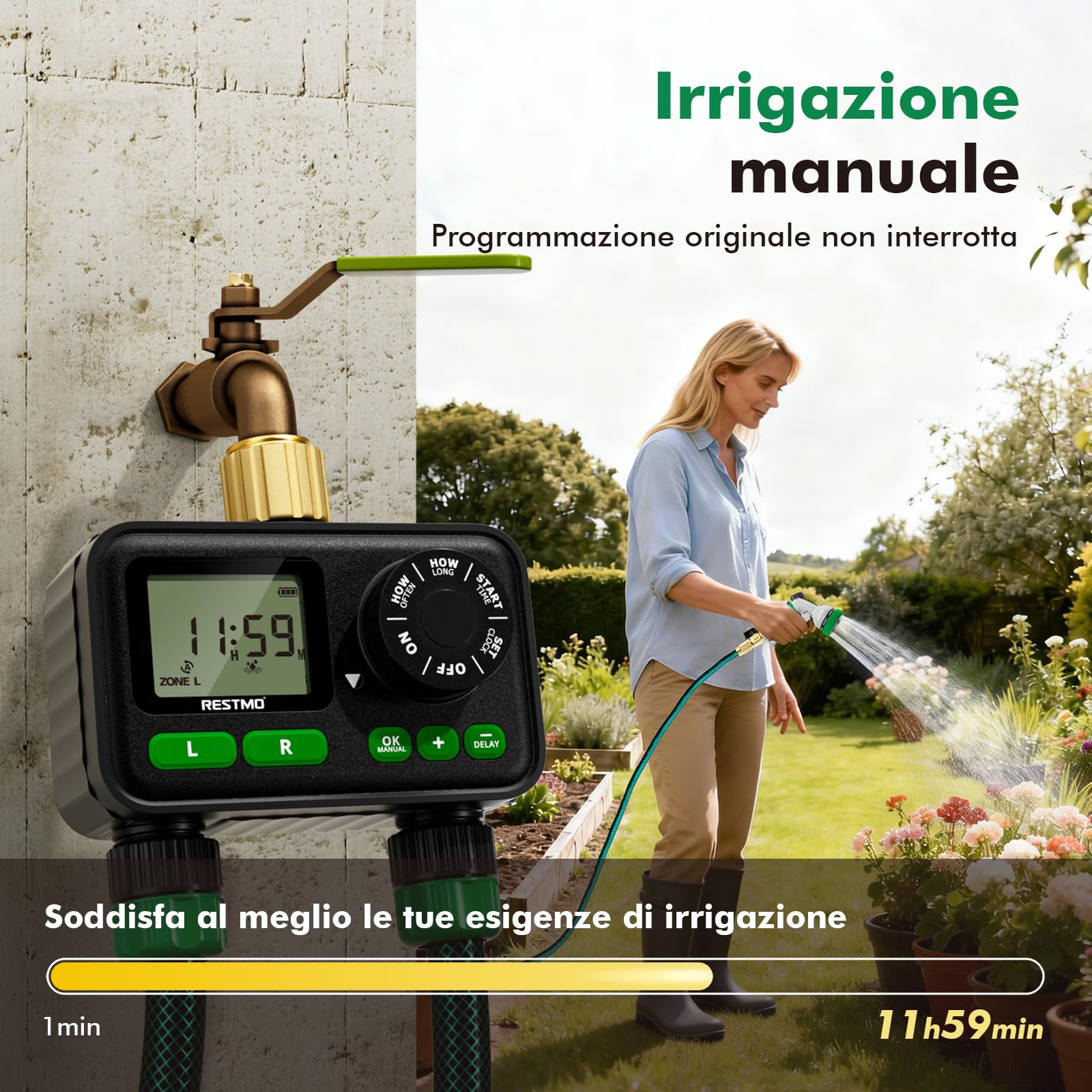 RESTMO Timer per Irrigazione a 2 Zona con Chip RF | Integrato per Accesso Remoto Opzionale, Automatico/Manuale/Ritardo Pioggia, Per Tubo da Giardino, Rubinetto Esterno