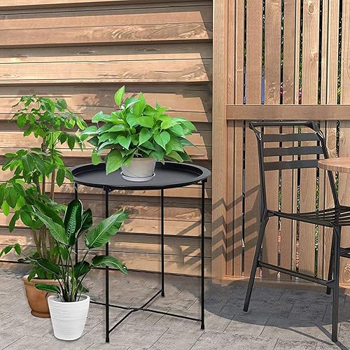 Miniatura 9 de Garden 4 you Bandeja plegable de metal, 2 piezas, mesa auxiliar redonda negra, sofá cian, mesa plegable, bandeja de mesa auxiliar redonda, junto a