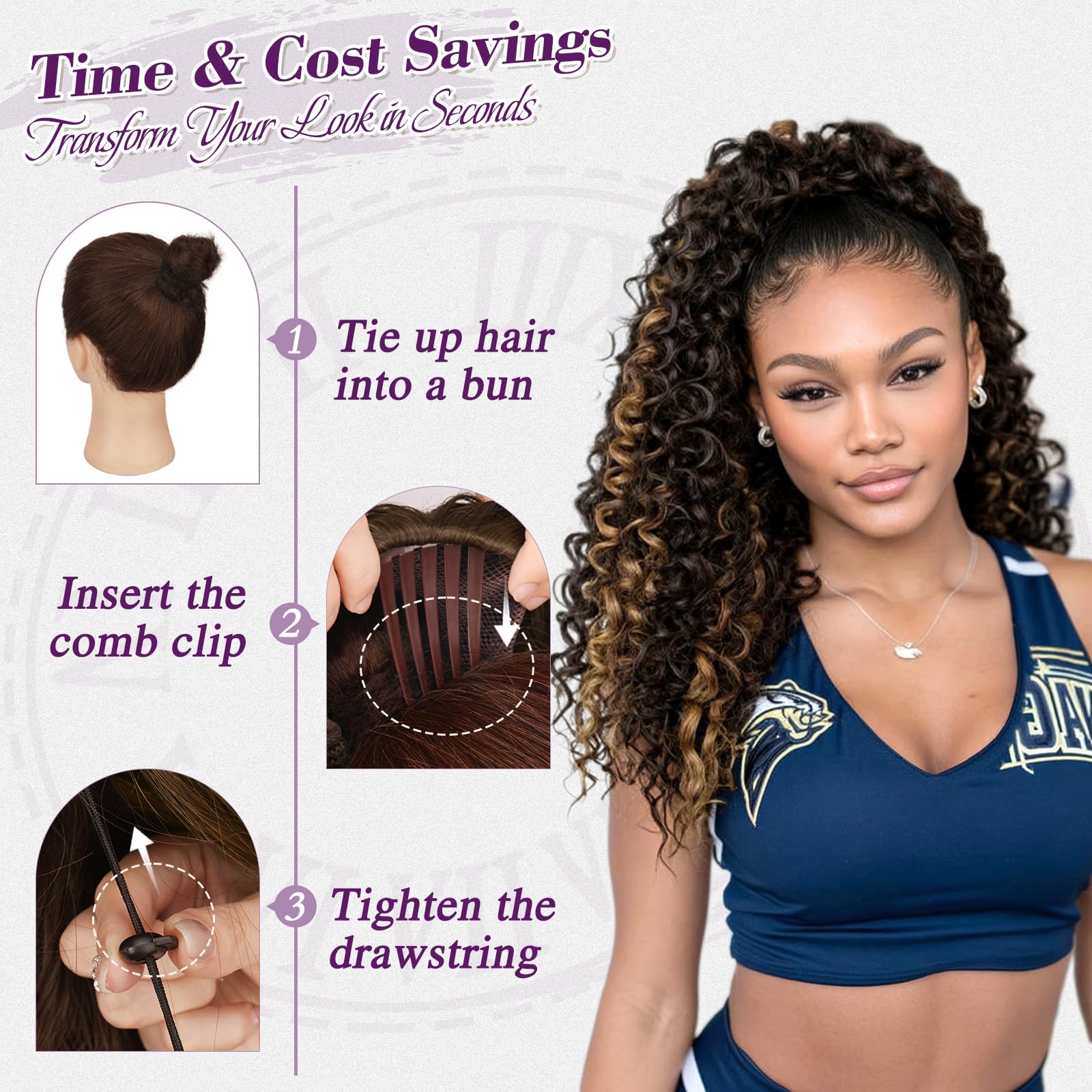 Coda Capelli Extension, Ricci Coda di Cavallo con Coulisse Pure Protein Fibra 45cm Bohemian Ricci Ondulati Pettine Clip in Ponytail Posticci, Nero Marrone con Highlights