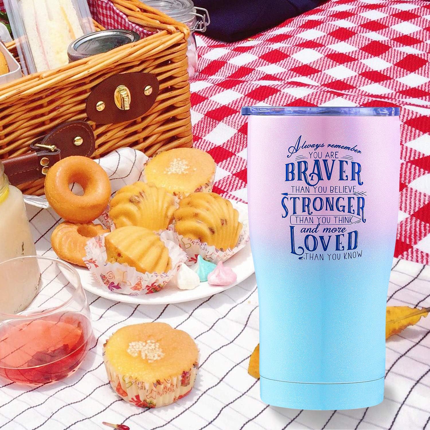 Inspirational Tumbler for Best Friend, Graduate, Retirement, or Cancer Survivor. Always Remember You Are Braver Than You Believe, Stronger and More Loved Than You Know (Pink Blue Glitter, 20 Oz)
