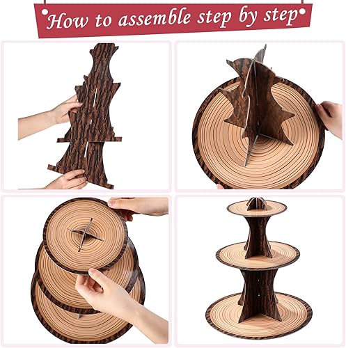 Miniatura 3 de Soporte de madera para cupcakes de bosque, decoración de baby shower, 3 niveles, madera rústica, fiesta de cumpleaños, cartón, árbol, soporte