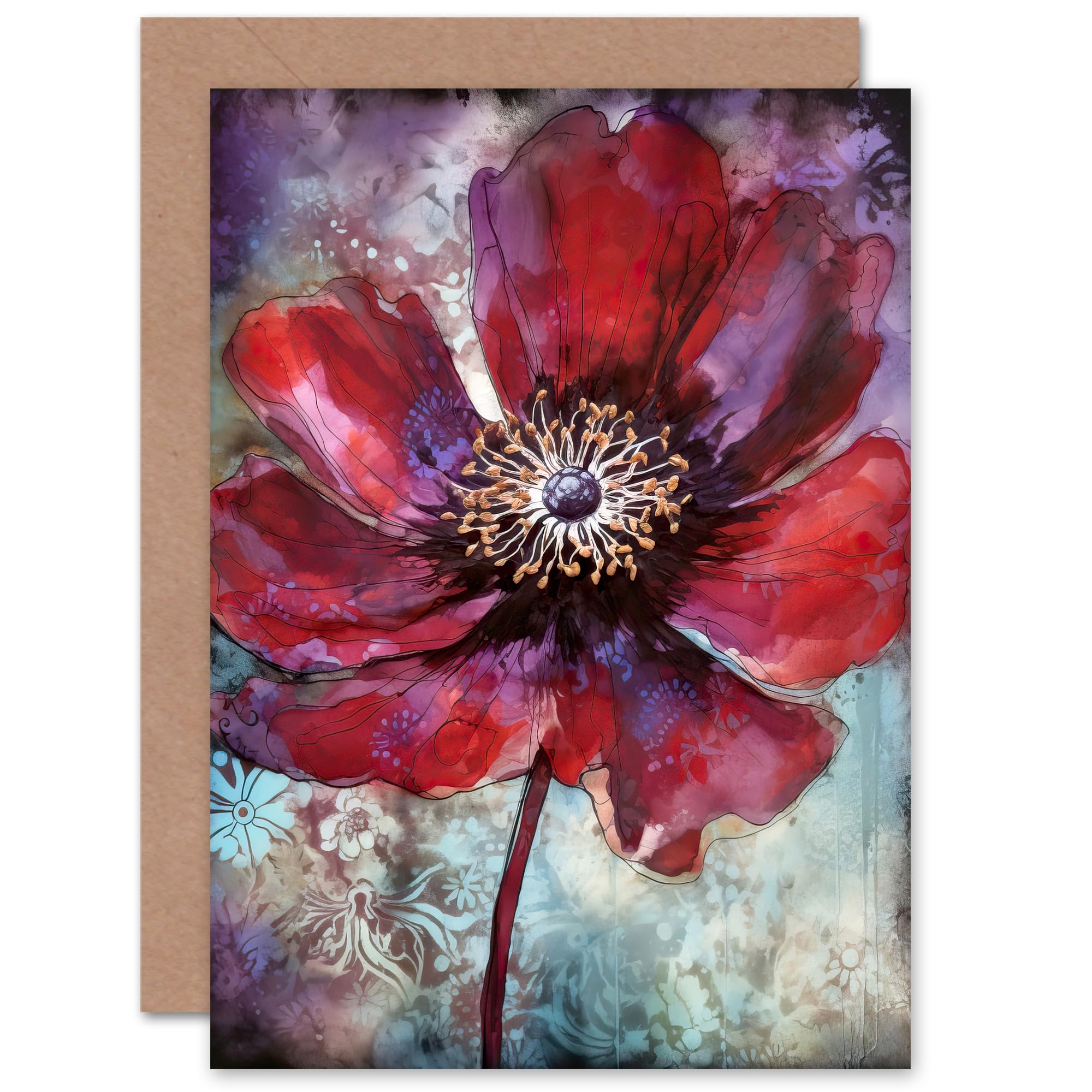 Artery8 Red Anemone Flower Bloom for Wife Her Mum Sister Daughter Mom Gran Nan Birthday Thank You Mothers Day Blank Art Greeting Card