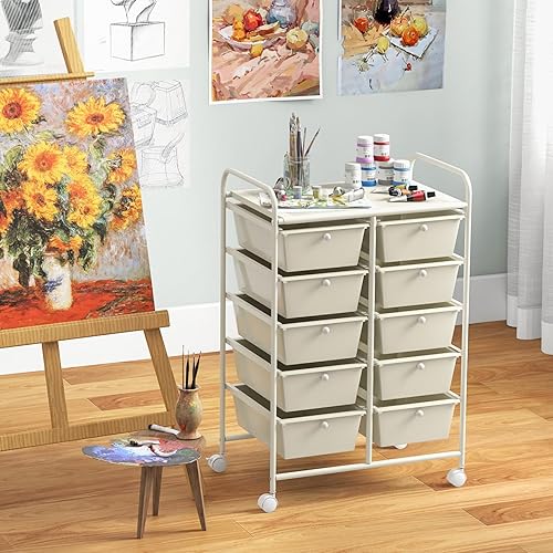 Miniatura 9 de RELAX4LIFE Carrito de almacenamiento de 10 cajones, organizador de arte con marco de metal marfil con ruedas bloqueables, carrito utilitario para
