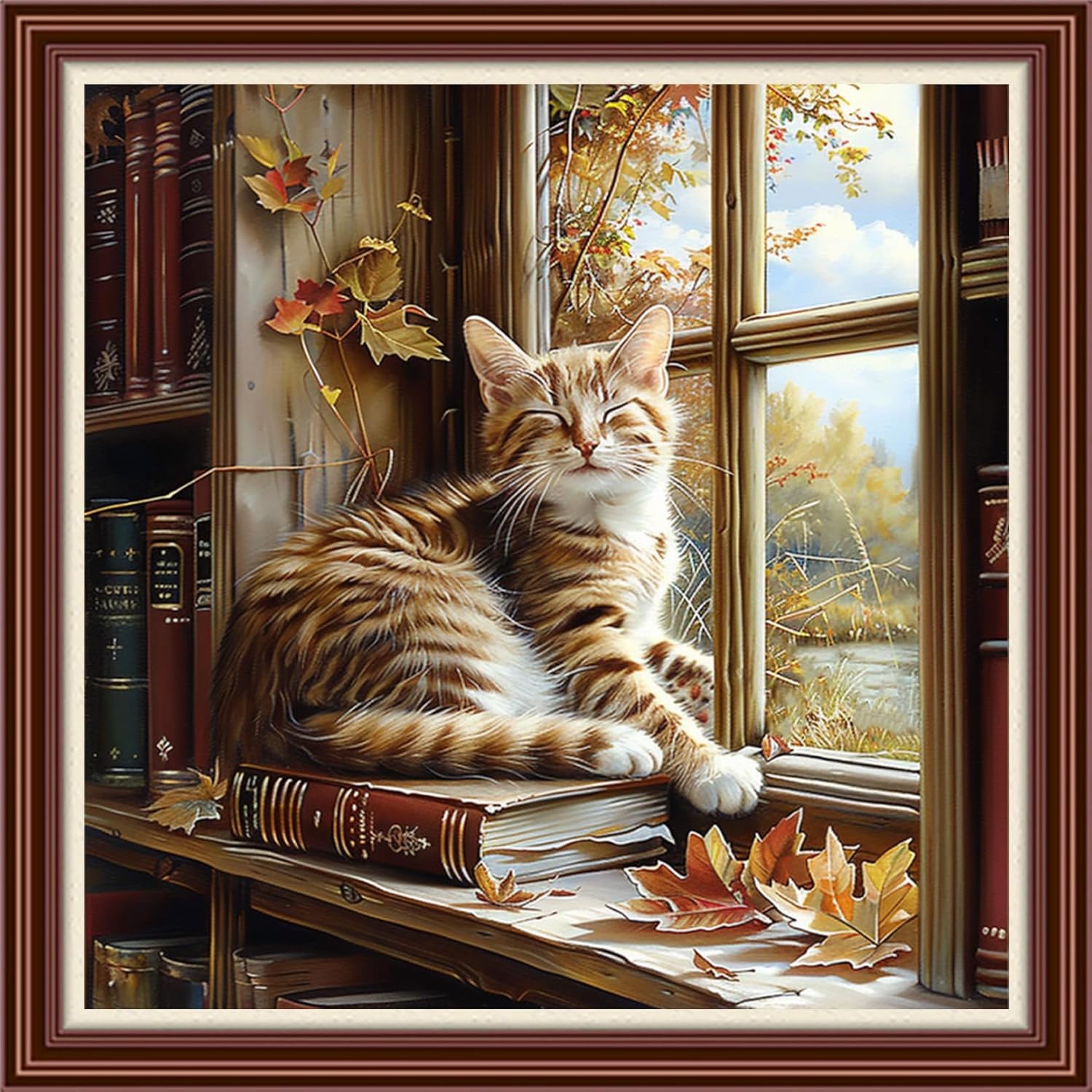 Dimensean Counted Cross Stitch Kit for Beginners, 11CT Unprinted Cross-Stitch Kit Easy Patterns Needlepoint Kit Cross Stitching Embroidery Kit Supplies-Cat Watching Scenery by the Window 18x18 inch