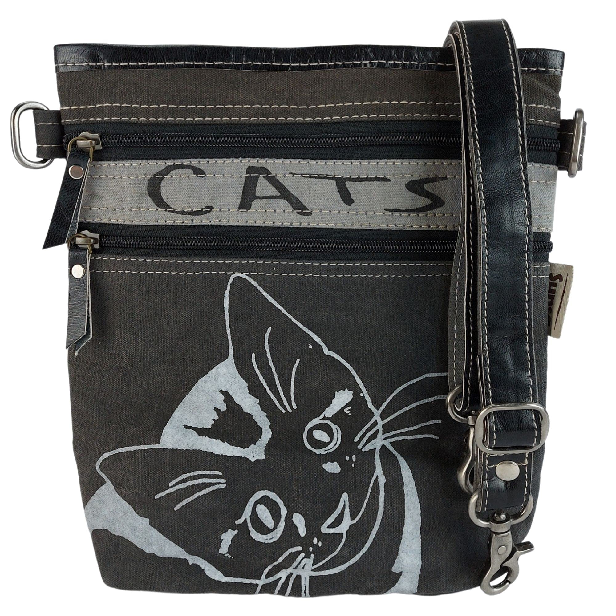 Sunsa Damen Tasche mit Katzenmotiv. Vintage Umhängetasche aus Canvas & Leder. Schultertasche für Katzenliebhaber. Crossover bag als Geschenkideen für Frauen