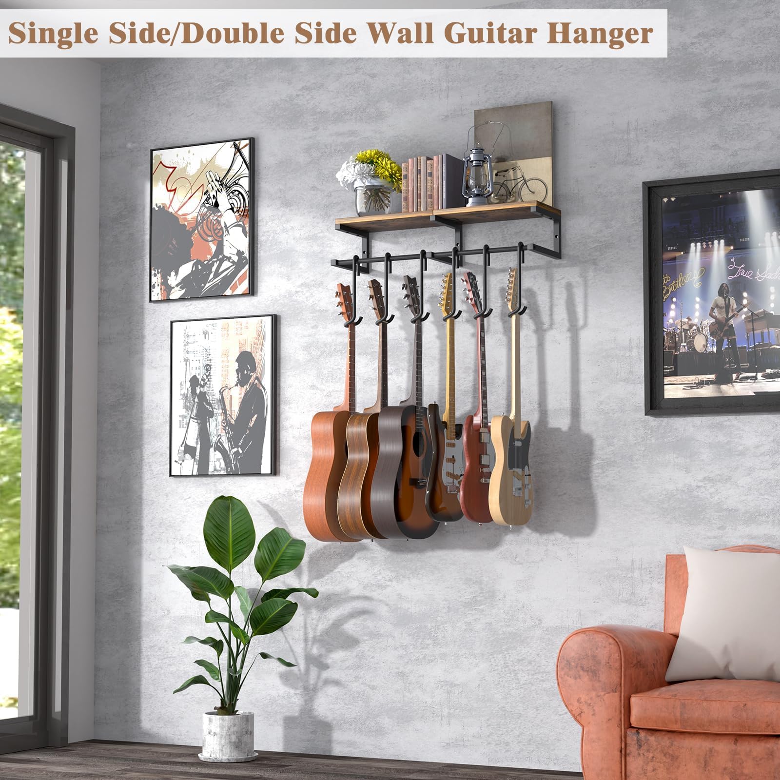 Porta Chitarra da Muro, 6 Supporto Chitarra Muro, Reggi Chitarra con un Grande Scaffale, Appendi Chitarra per Chitarra Acustica, Basso, Chitarra Elettrica, Ukulele Double-Sided