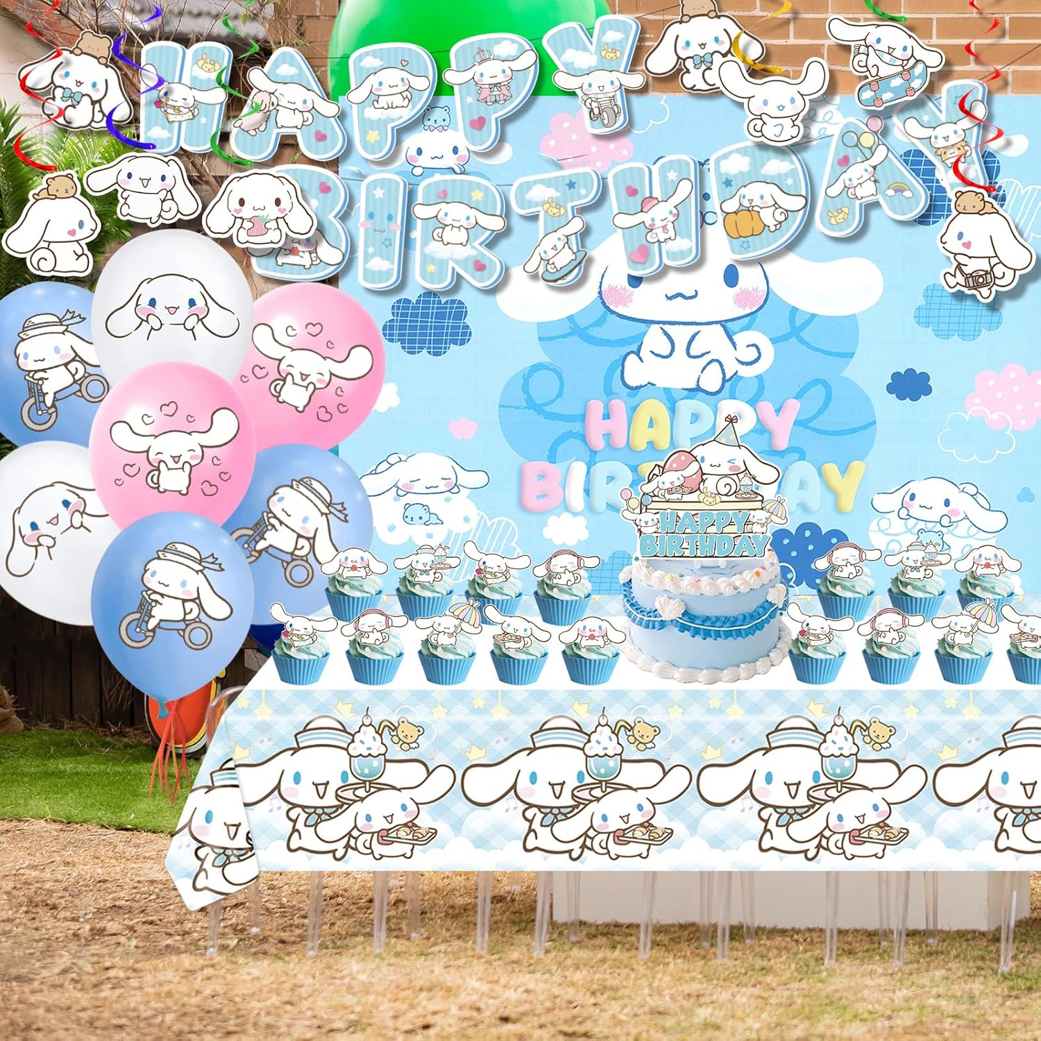 AVONO Cinnamoroll Birthday Decorations, Party Supplies Set Include Banner, Backdrop, Balloons, Hanging Swirls, Cake Cupcake Toppers, Tablecloth for Kids Cinnamoroll Theme Party