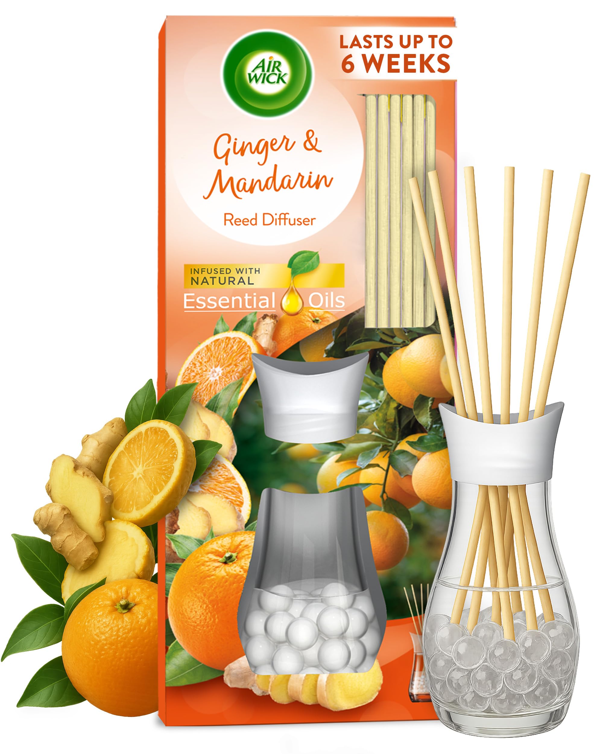 Air Wick Ginger Mandarin Reed Diffuser 42Ml, Natural Essential Oils, Long-Lasting Eco-Friendly Aromatherapy, Sustainable Citrus Fragrance, Recyclable, 5059001022578
