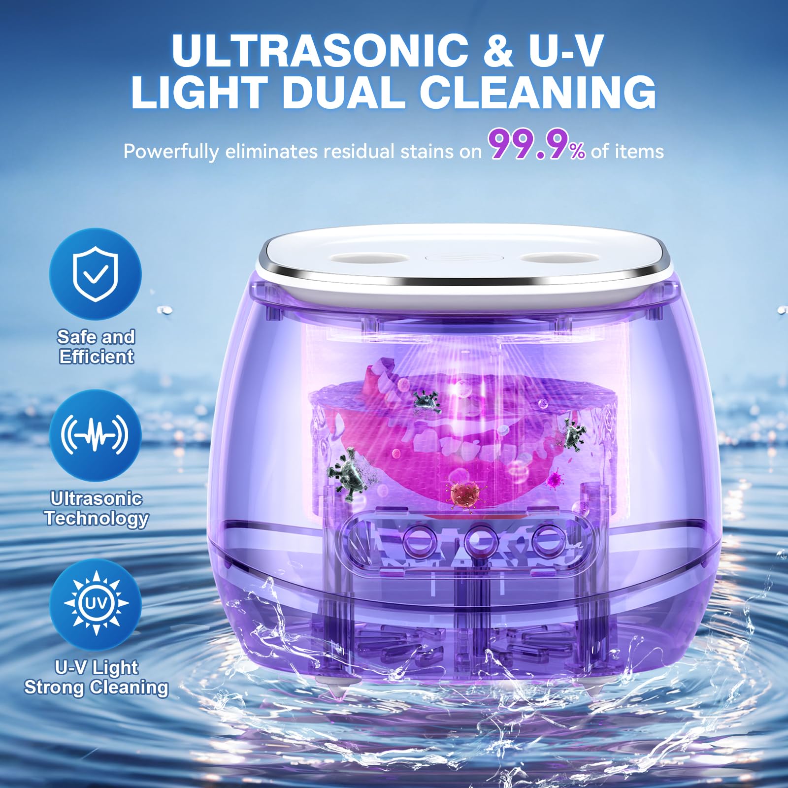 Máquina limpiadora ultrasónica recargable, 45 kHz, cápsula de limpieza dental portátil para dentaduras postizas, protectores nocturnos, aparatos ortopédicos, alineador, cepillo de dientes, joyas, 3