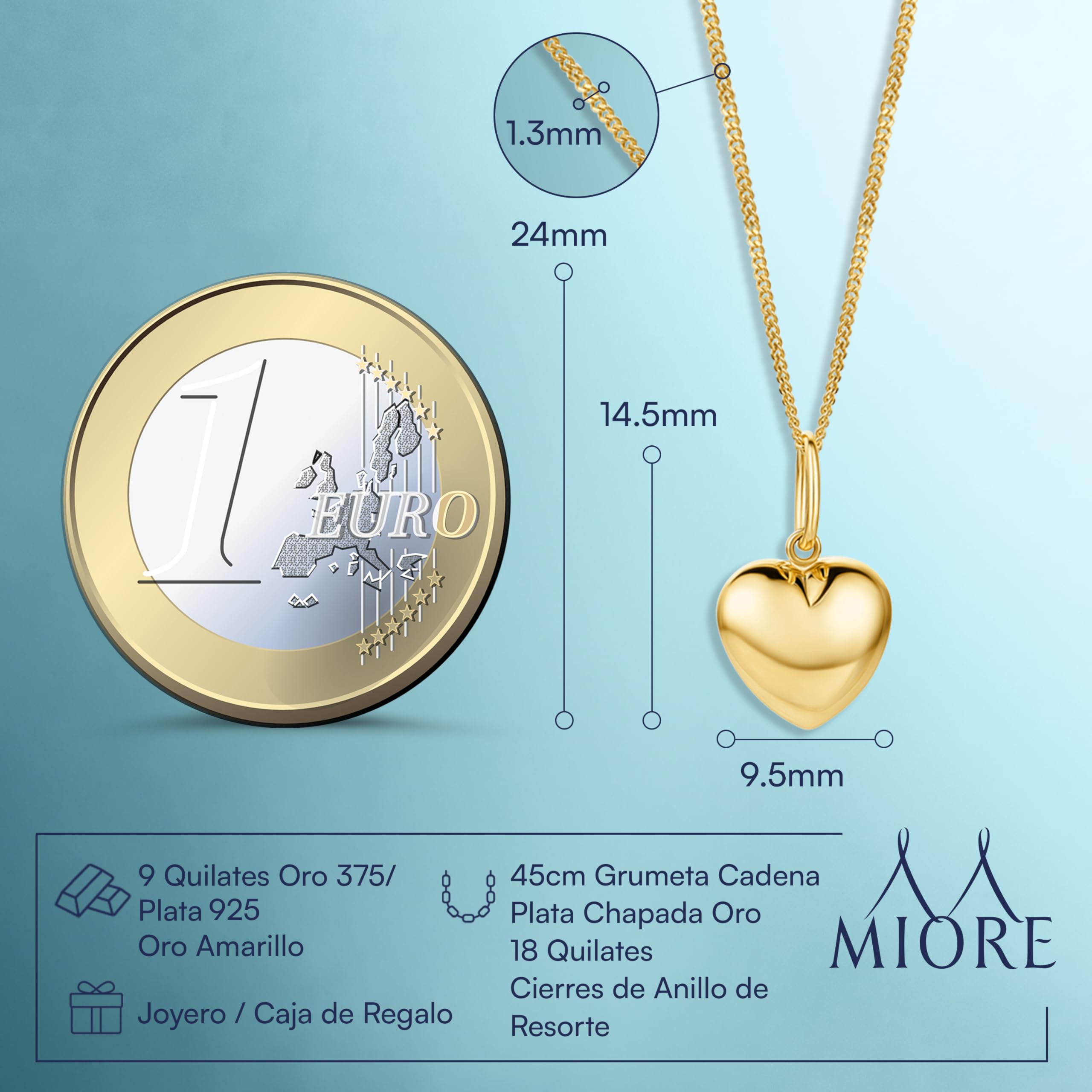 MIORE Collares de Oro para Mujer con Colgante Corazón en Oro Amarillo de 9 ct 375, Con Cadena Barbada de 45 cm en Oro Macizo o Plata, Se entrega en Estuche para joyas