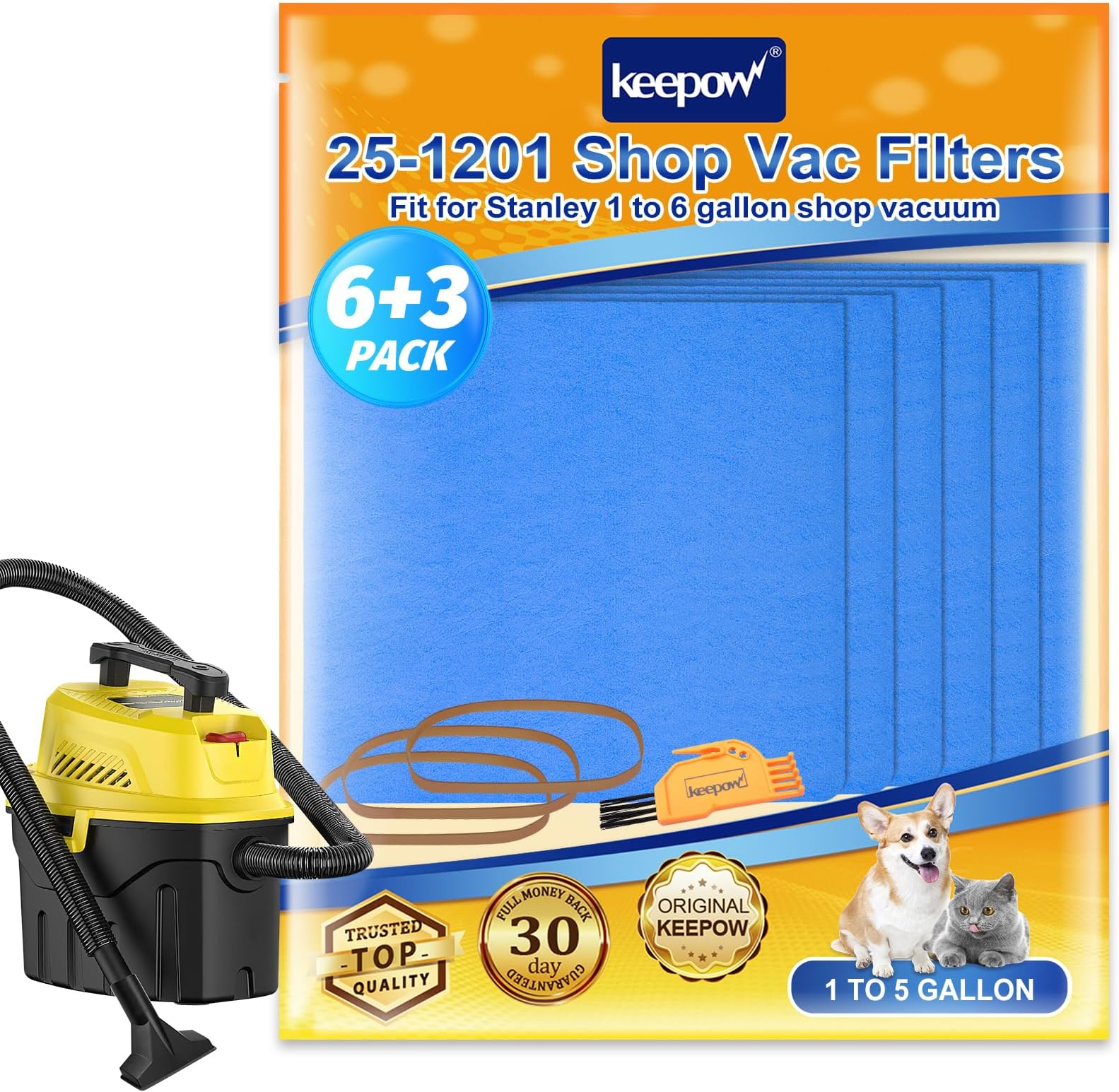 KEEPOW Reusable Dry Filters Compatible with Stanley 1-3 Gallon Wet/Dry Vacuums, Part# 25-1201 (6 Pack)