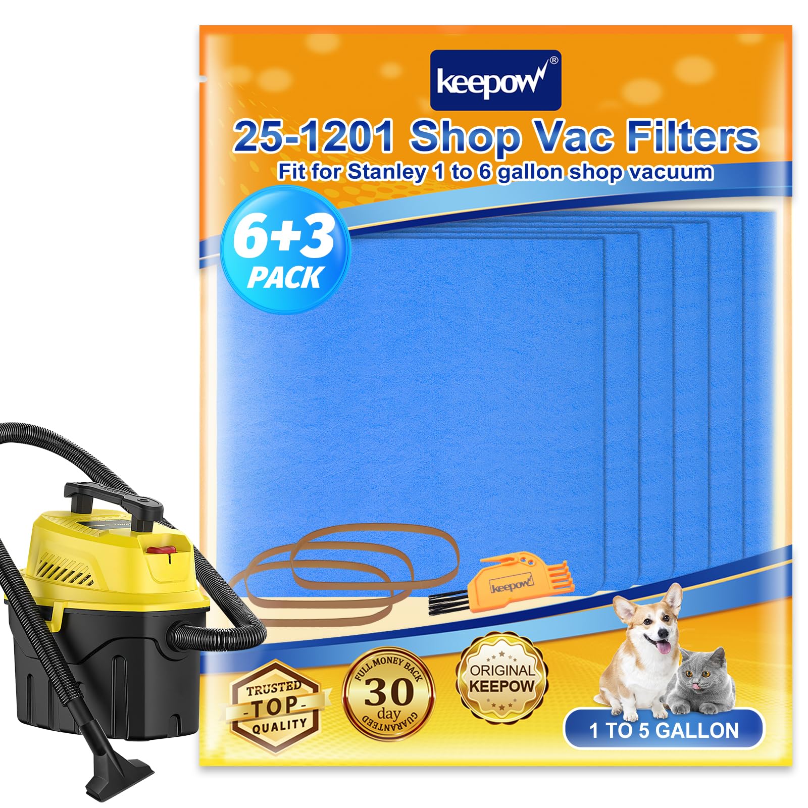 KEEPOW Reusable Dry Filters Compatible with Stanley 1-3 Gallon Wet/Dry Vacuums, Part# 25-1201 (6 Pack)