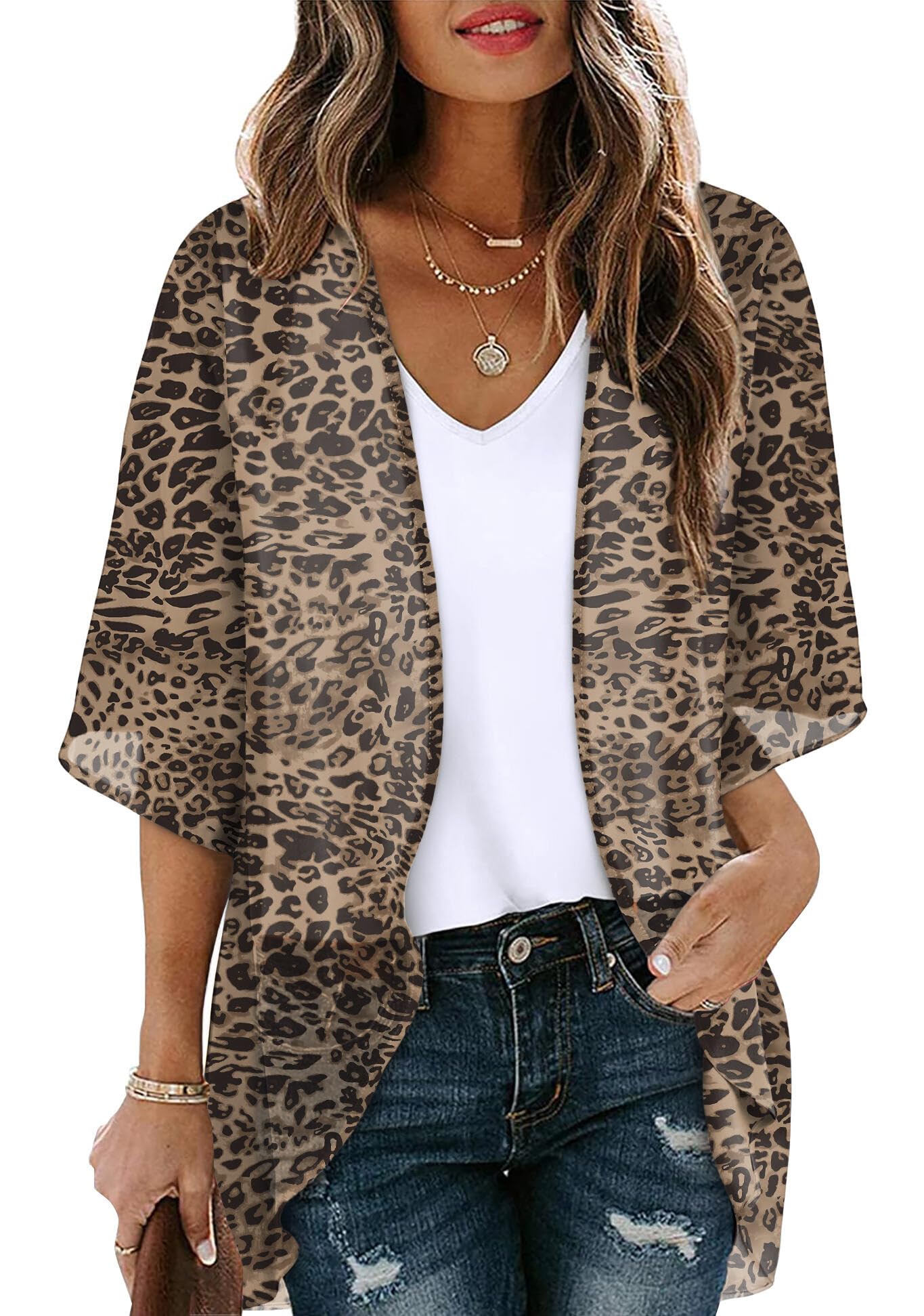 OFEEFAN Beach Cover Ups for Women 3 4 Length Sleeve Womens Tops Summer Cardigan Casual Blouses Loose Fit