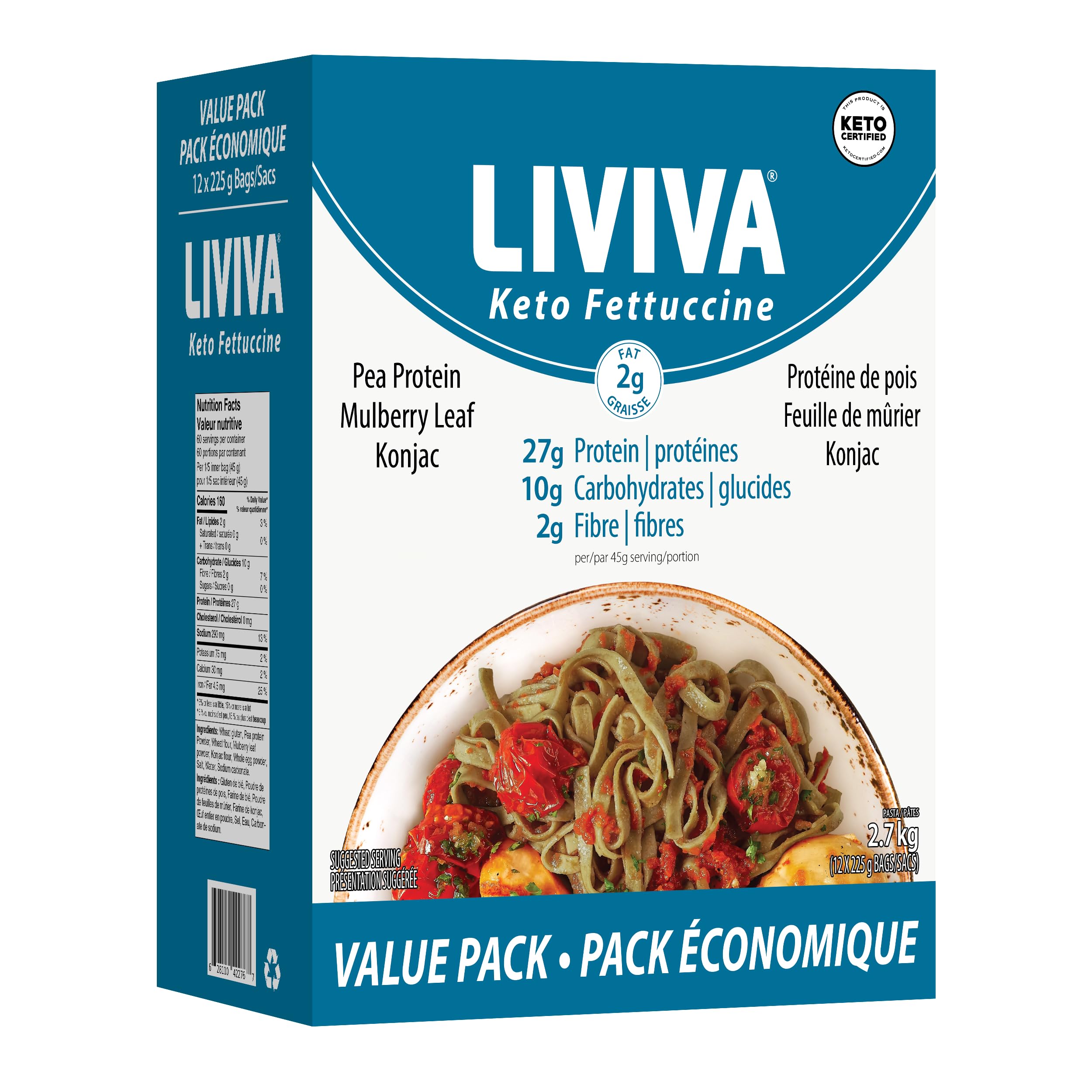 LIVIVA Pasta Value Pack (135 g Protein per Box) - Low Carb High Protein Pasta made from Pea Protein & Konjac Flour - 8g Net Carbs, Diabetic-Friendly - Ready to Eat in 3 – 4 mins – Taste like Healthy Al Dente Italian Pasta (12 Pack, Fettuccine)